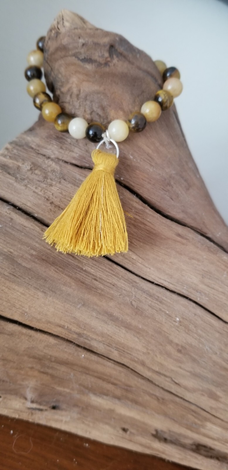 Handmade Tigers Eye Aventurine Crystal Glass Bead 6" Boho Chakra Tassel Bracelet