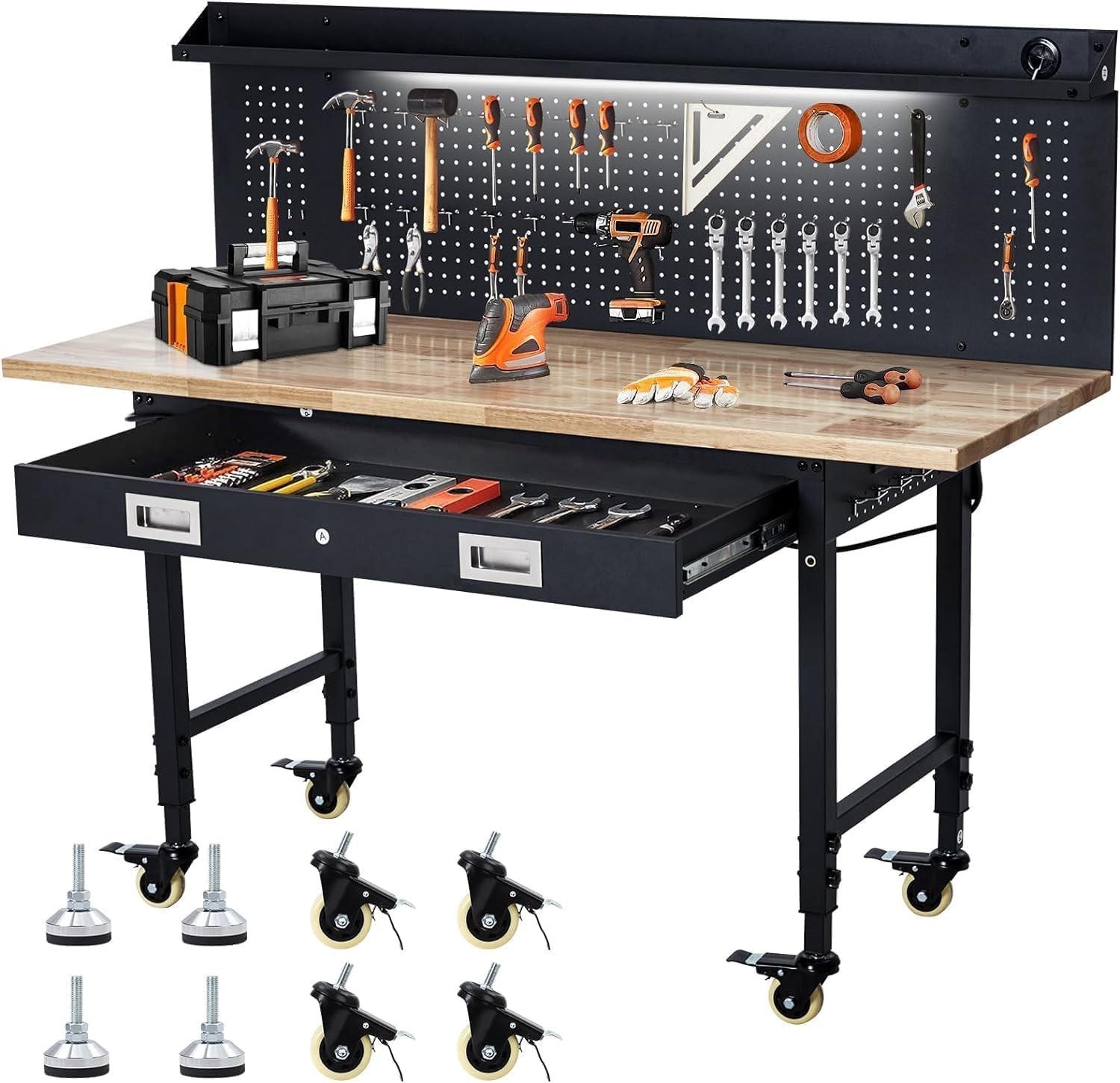 Professional Garage Workbench 60" w/ Power, Pegboard, Wheels, Rubberwood Top
