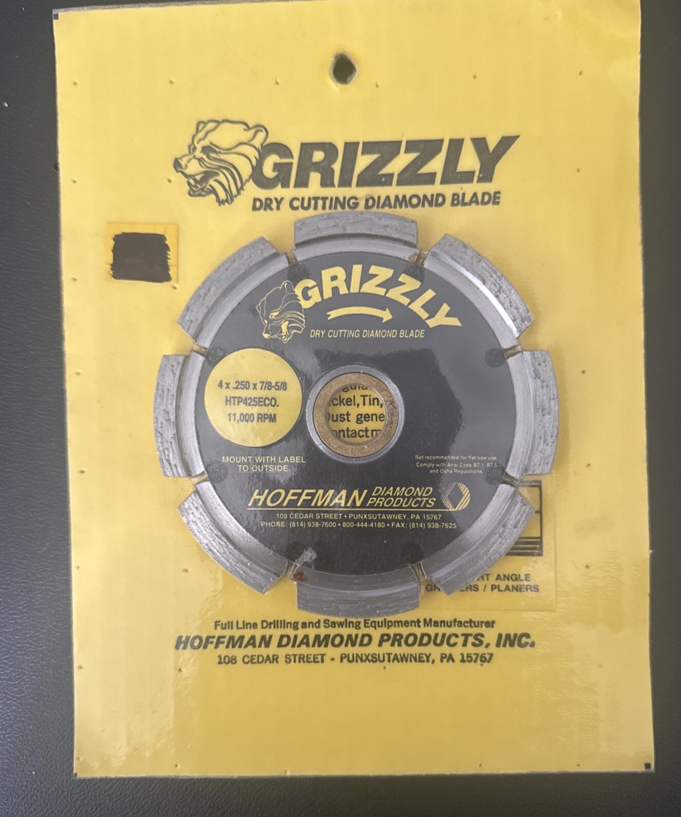 GRIZZLY HOFFMAN 4” CIRCULAR DRY CUTTING DIAMOND BLADE HTP425HECO GRINDER Rust