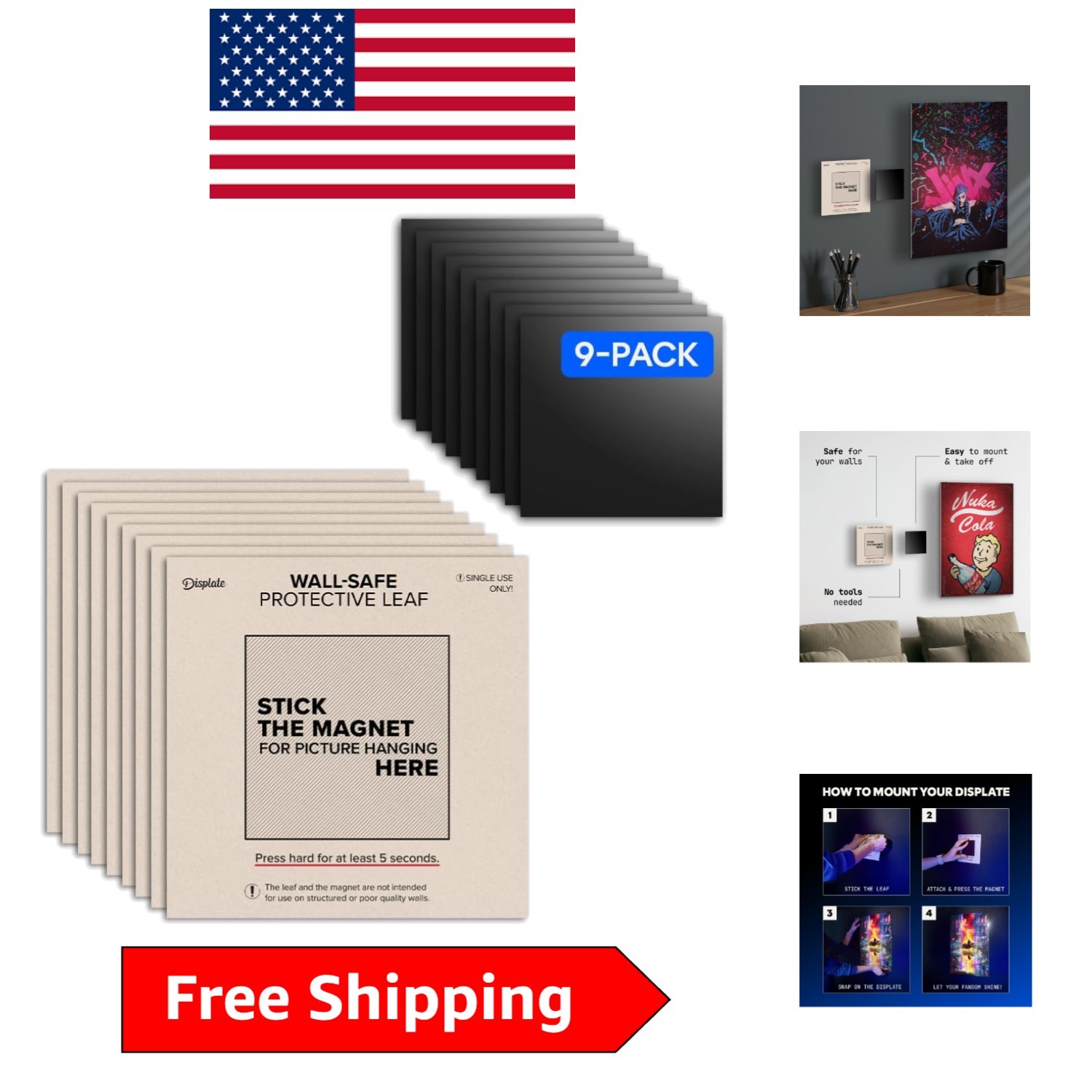 9-Pack Magnetic Wall Mount Kit for Easy Art Display - No Drilling Needed