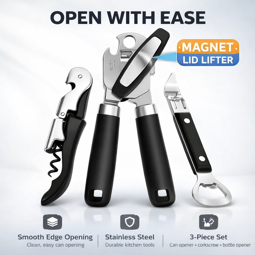 Manual Can Opener Set w Magnet Smooth Edge, Corkscrew Wine & Bottle Opener 3Pc