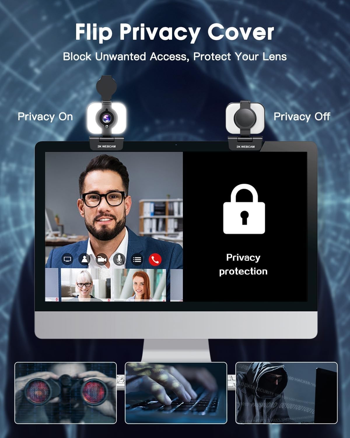 2K Webcam for PC, Web Camera with Microphone, Light, Privacy Cover, Plug and ...