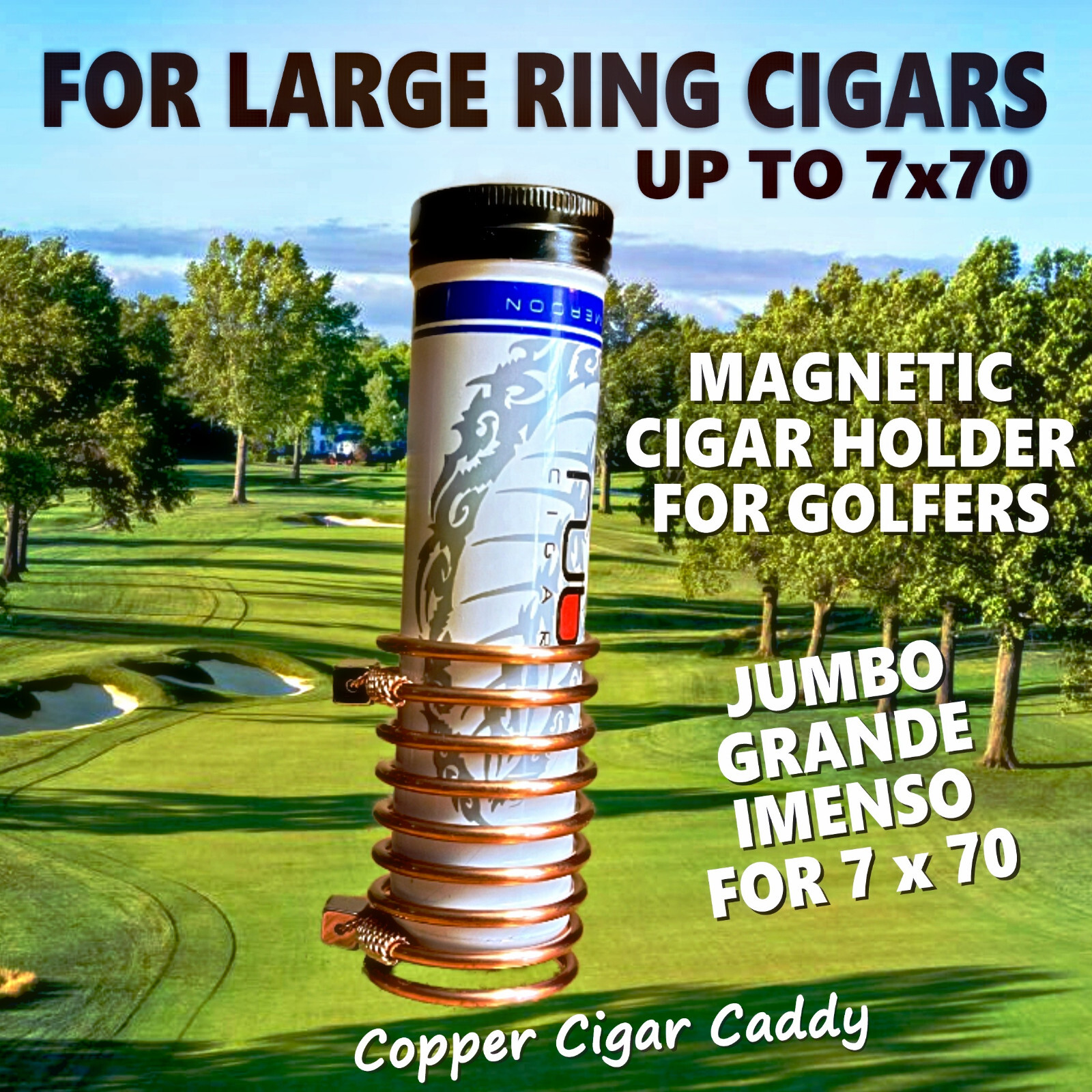 Jumbo Cigar Holder for Golf Cart - Magnetic, Solid Copper, Handmade 70 ring