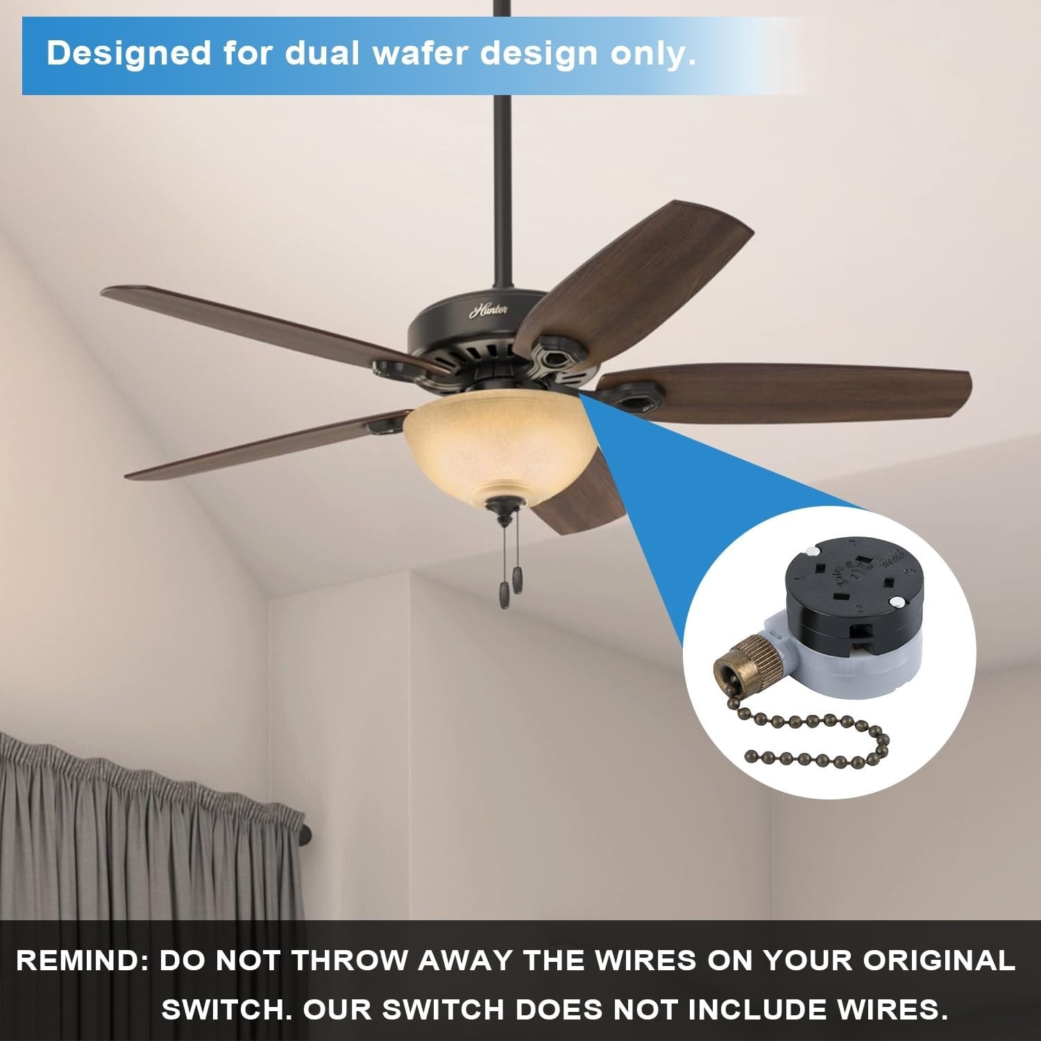 Zing Ear ZE‑208D Ceiling Fan Switch, 3‑Speed 5‑8 Wire Pull Chain, Bronze