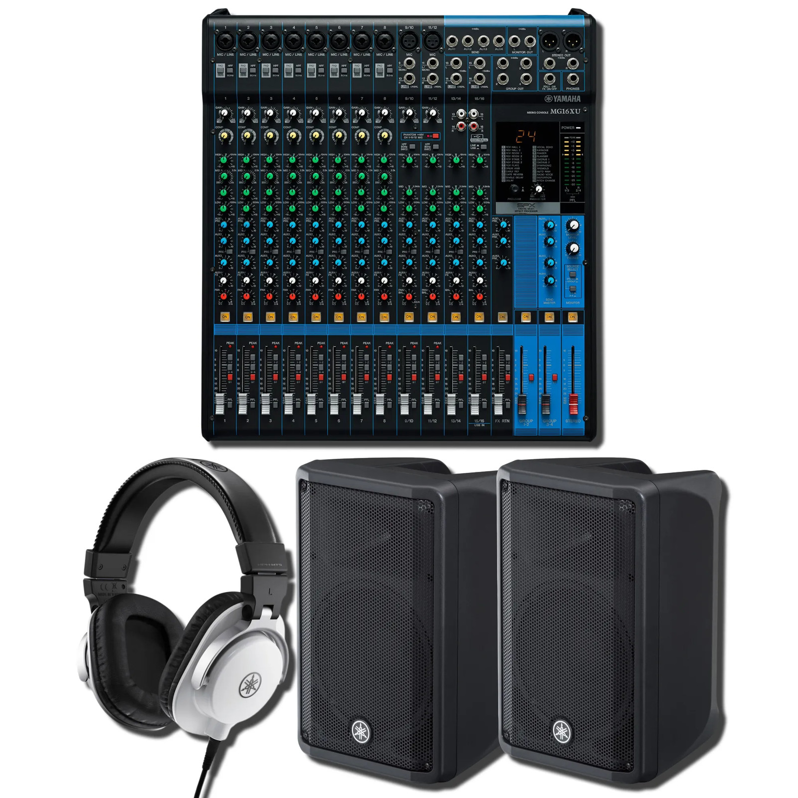 Yamaha MG16XU 16-Ch USB Mixer w/ 2x DBR10 700W Speakers & HPH-MT5W Headphones