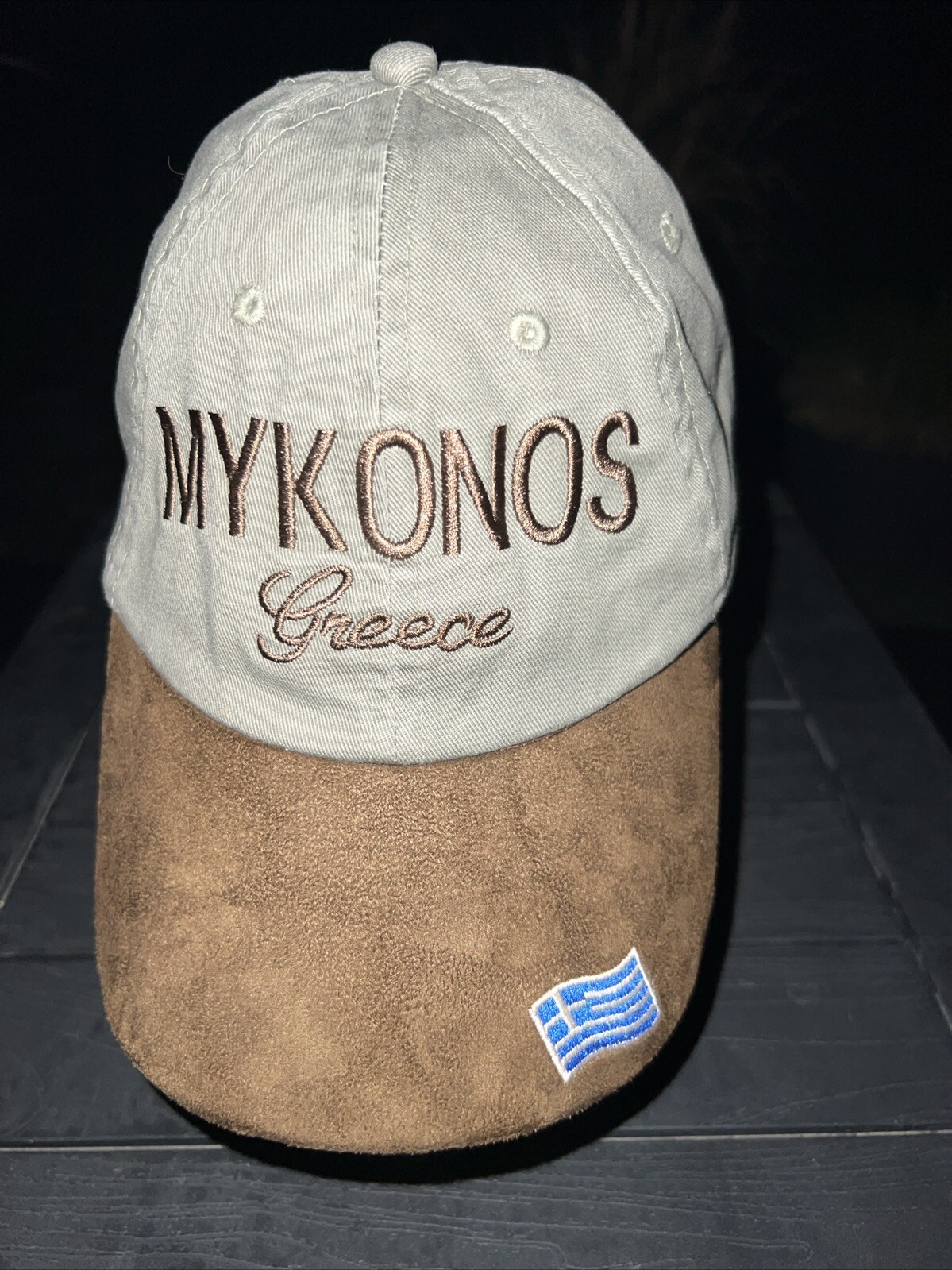 MYKONOS Greece in Script on Gray Hat Cap w Brown Suede Bill Greek Flag EUC
