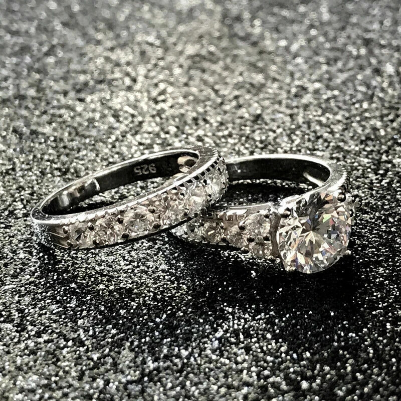 2pcs/set Women 925 Silver Filled Wedding Engagement Ring Cubic Zircon Sz 6-10