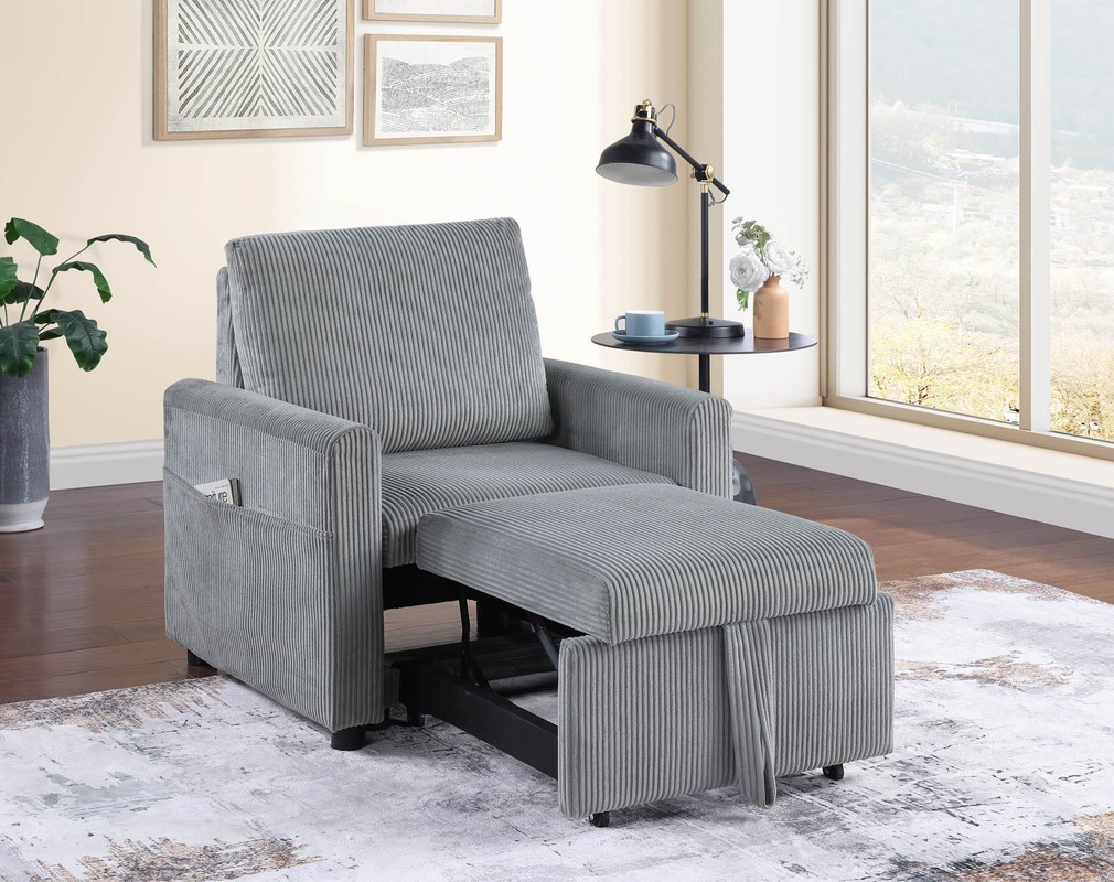 33"W Gray Corduroy Armchair with Pull-Out Chaise and Side Pocket