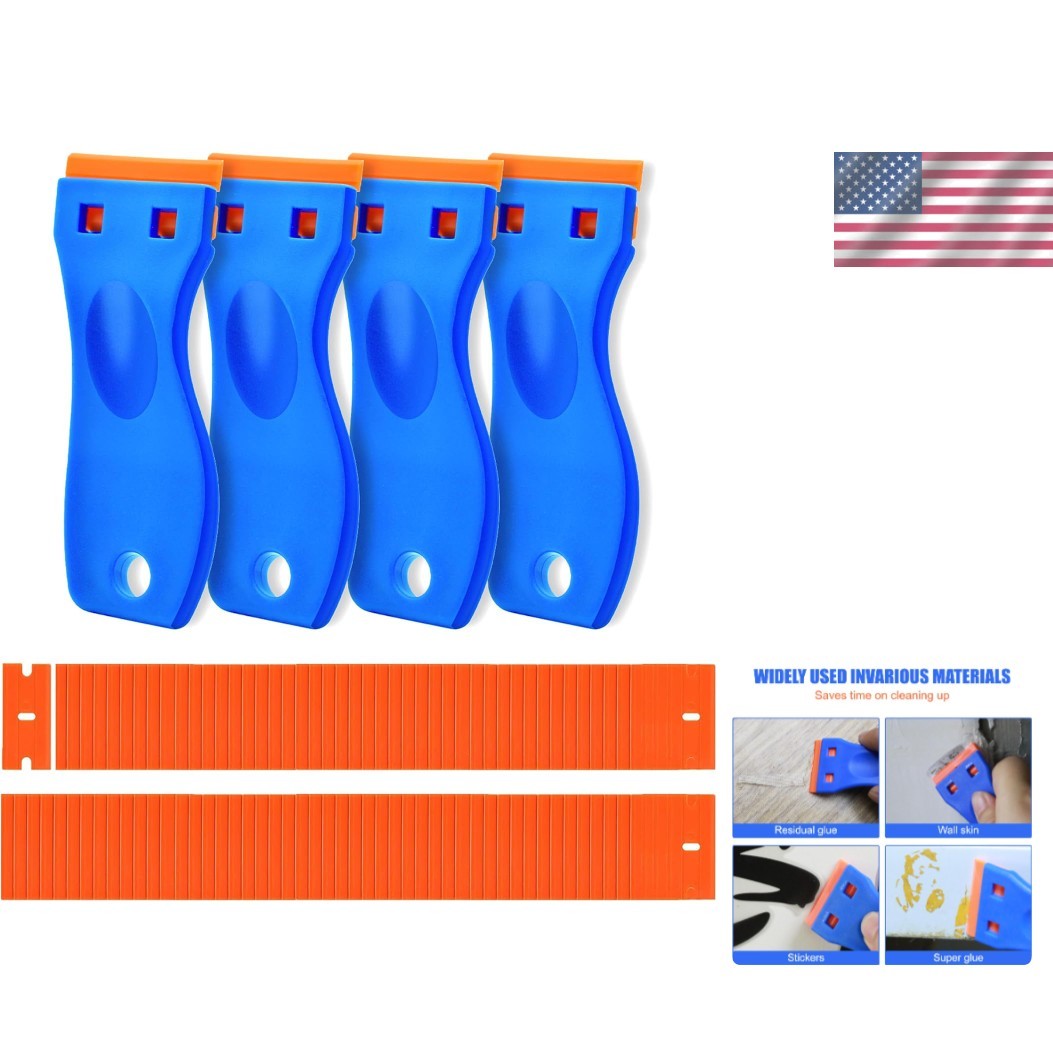 Plastic Razor Blade Scraper 4 Pcs and 120 Pcs Blades, Remove Label Decal Tool.