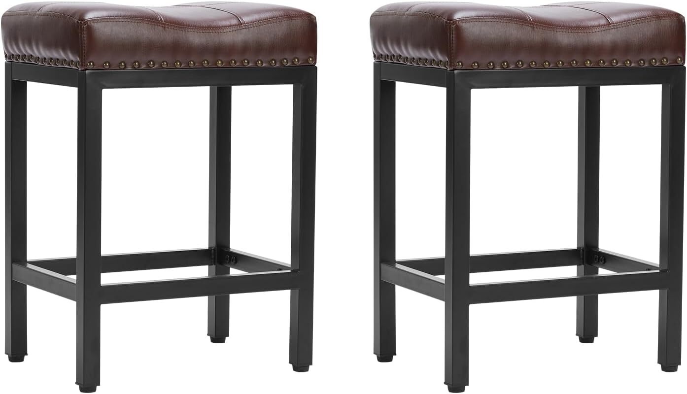 Set of 2 PU Leather Saddle Stool Bar Stools Counter Height Stools 24 inch Bar