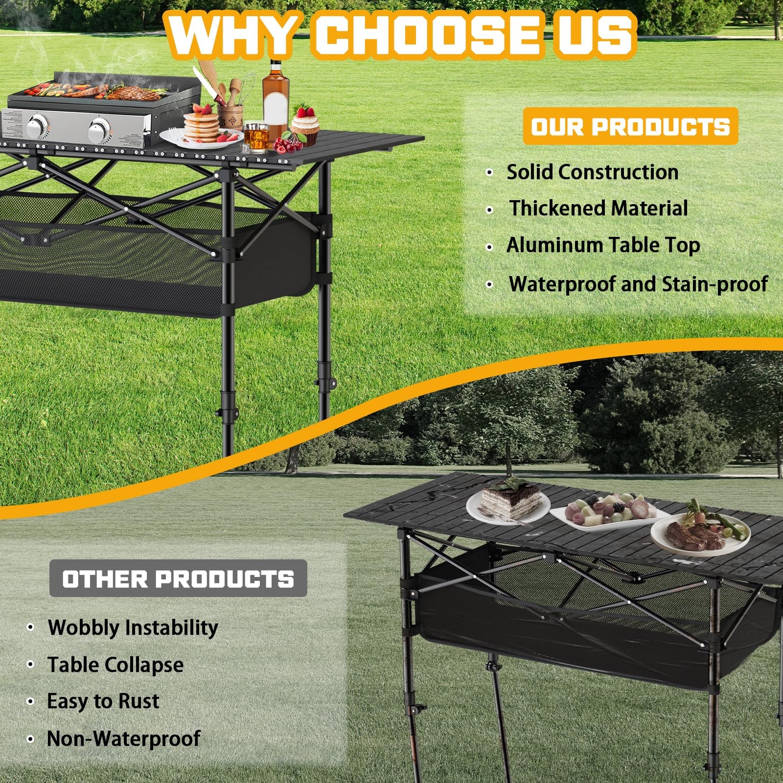 Height Adjustable Camping Table, Outdoor Folding 47" x 22" x 38", Black