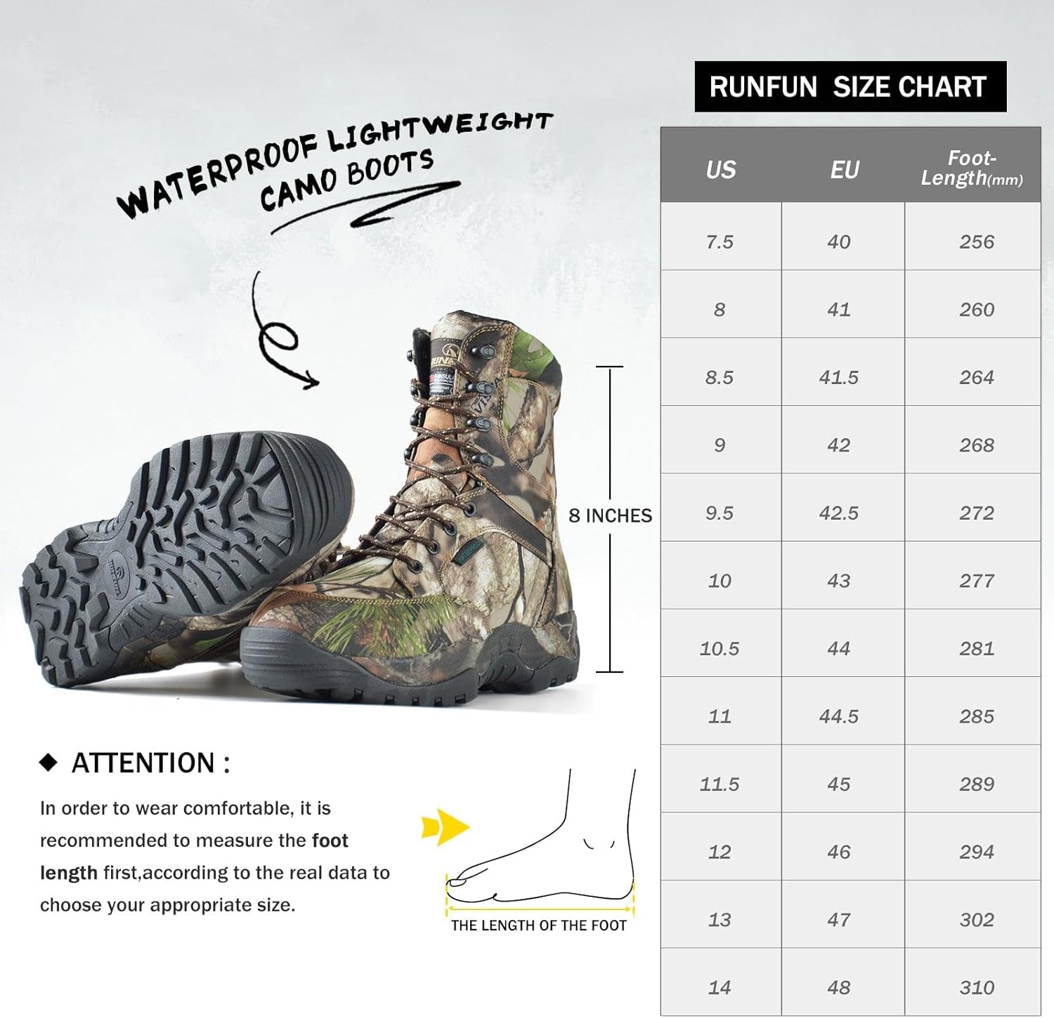 Men'S 8" Waterproof Hunting Boots Lightweight Insulated Camo Outdoor Boot, 400G