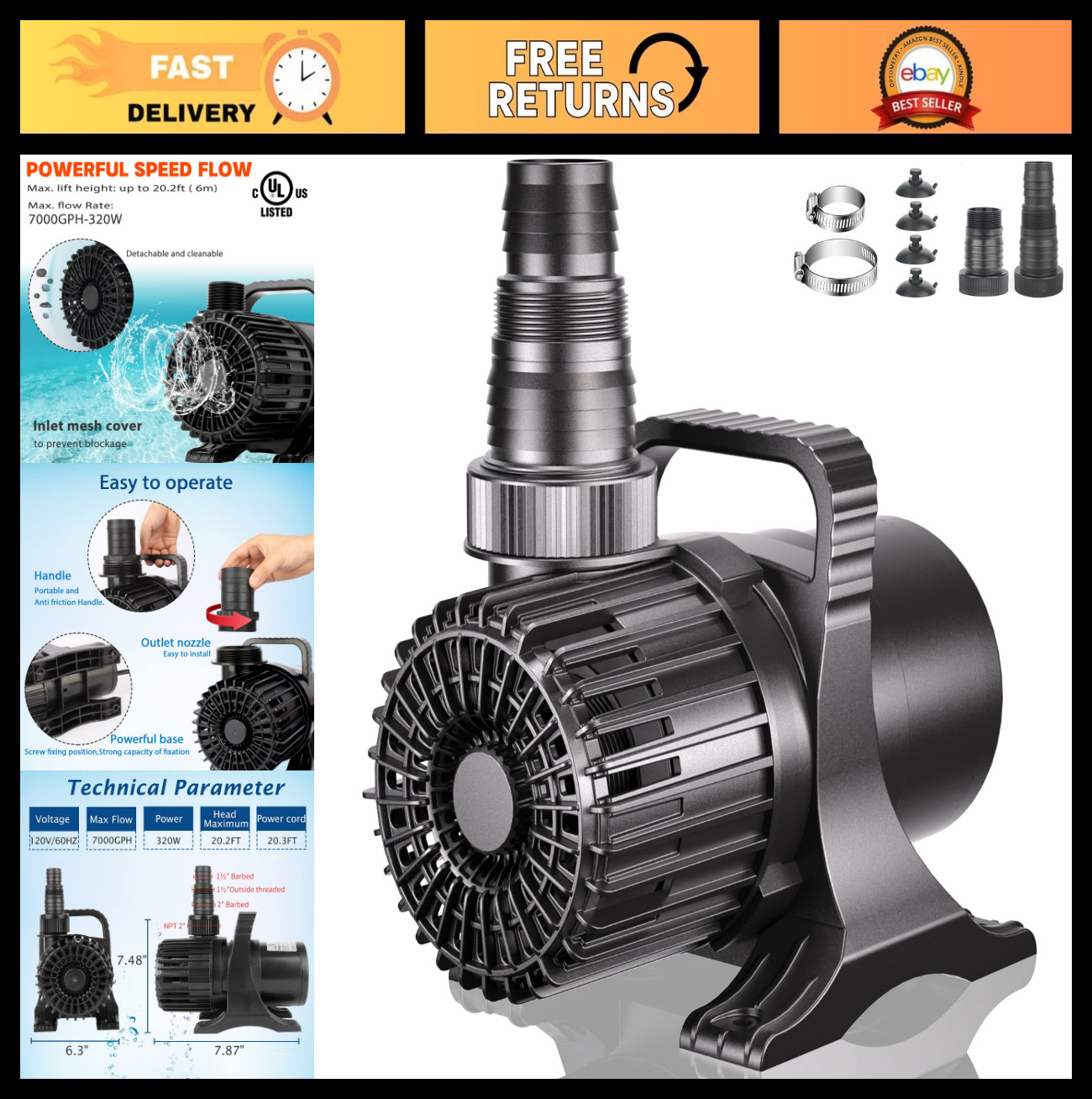 350W Submersible Pond Pump 7000 GPH, Ultra Quiet Heavy Duty for Koi, Fountains,