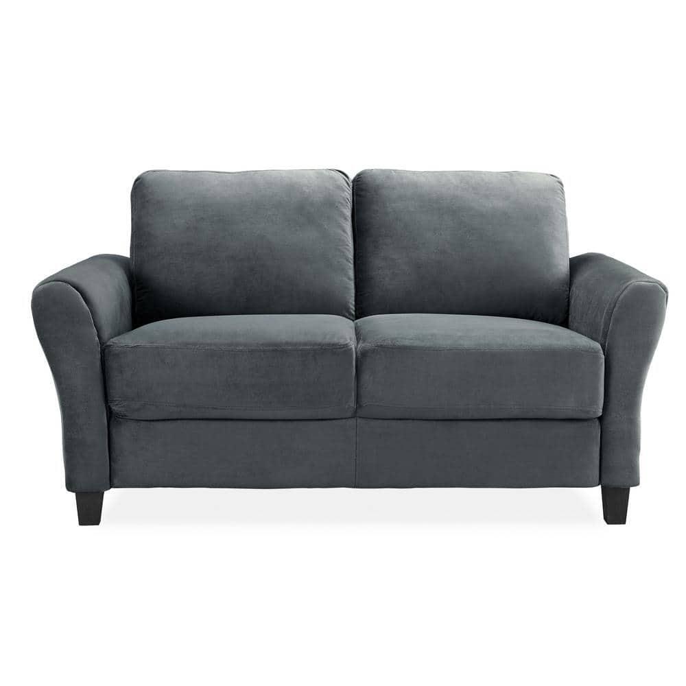 Dark Gray Microfiber Loveseat 31.5" Round Arms 2-Seater Sofa w/ Attached Pillow