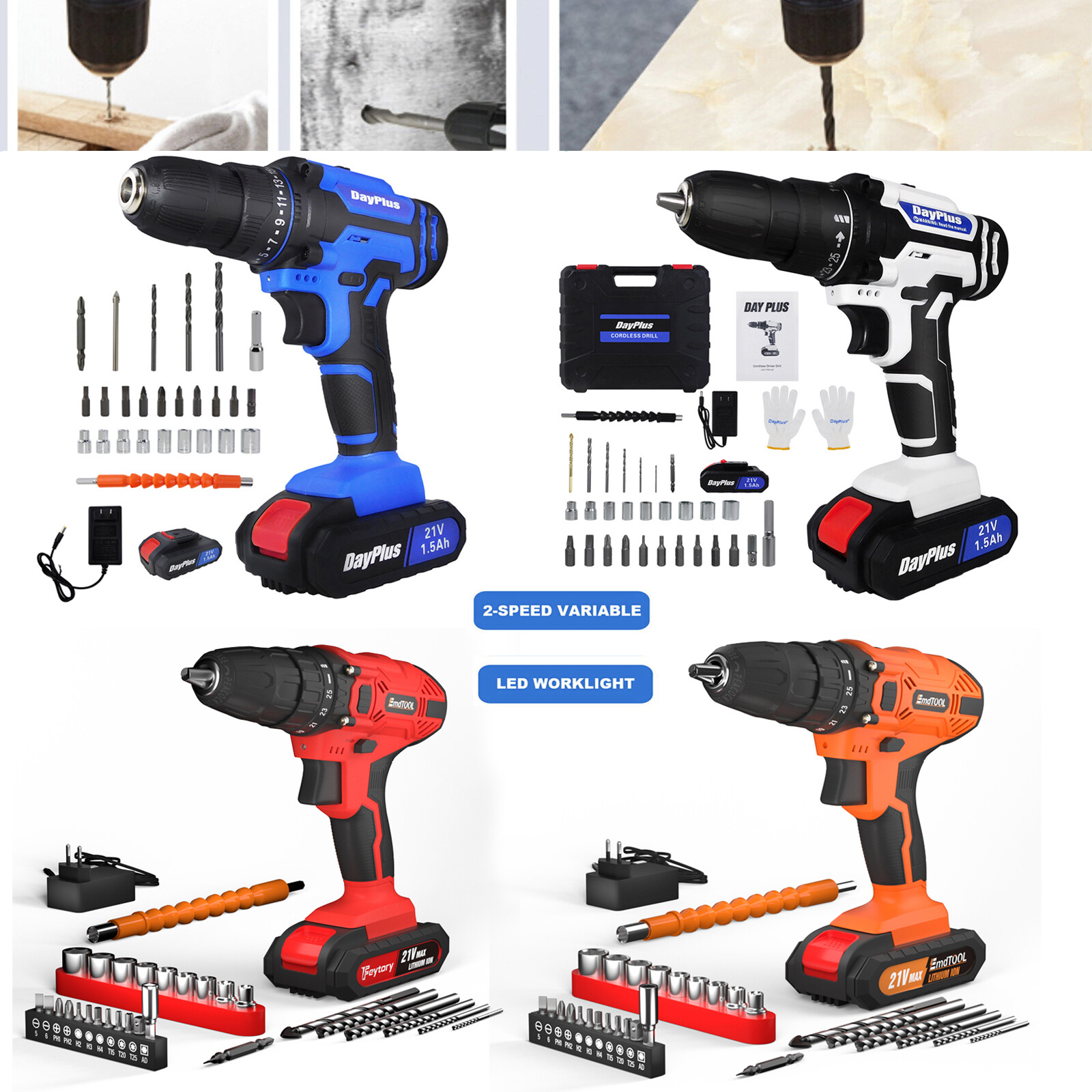 2 Speed 21V Electric Power Tools Cordless Drill / Driver with Bits Set & Battery