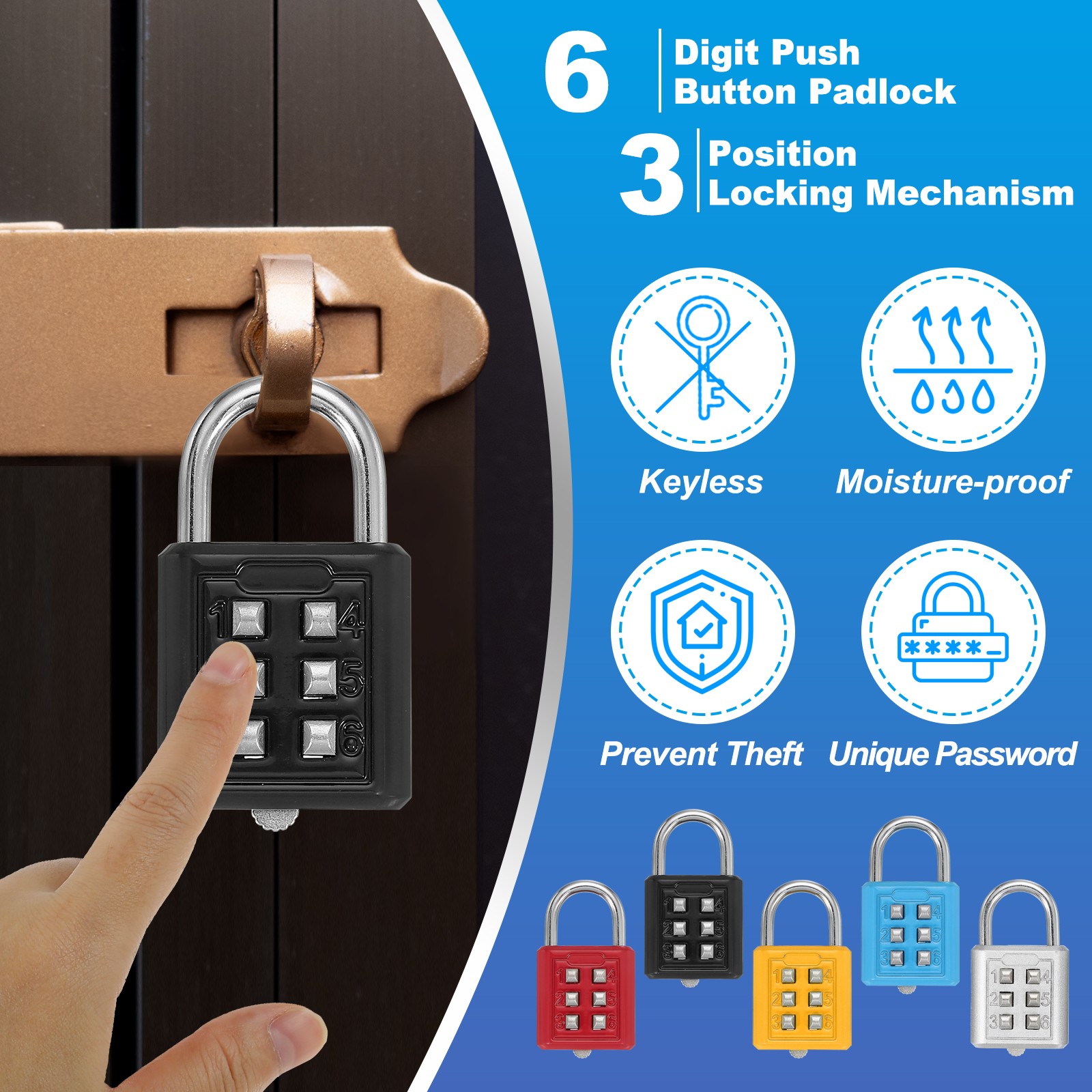Push Button Combination Padlock 6-Digit 3-Position Lock Black
