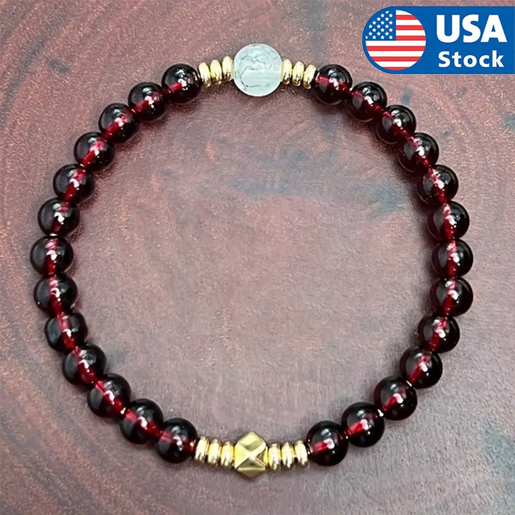 Natural Garnet Stone Beaded Feng Shui Stretch Bracelet Burgundy Stone Bracelet