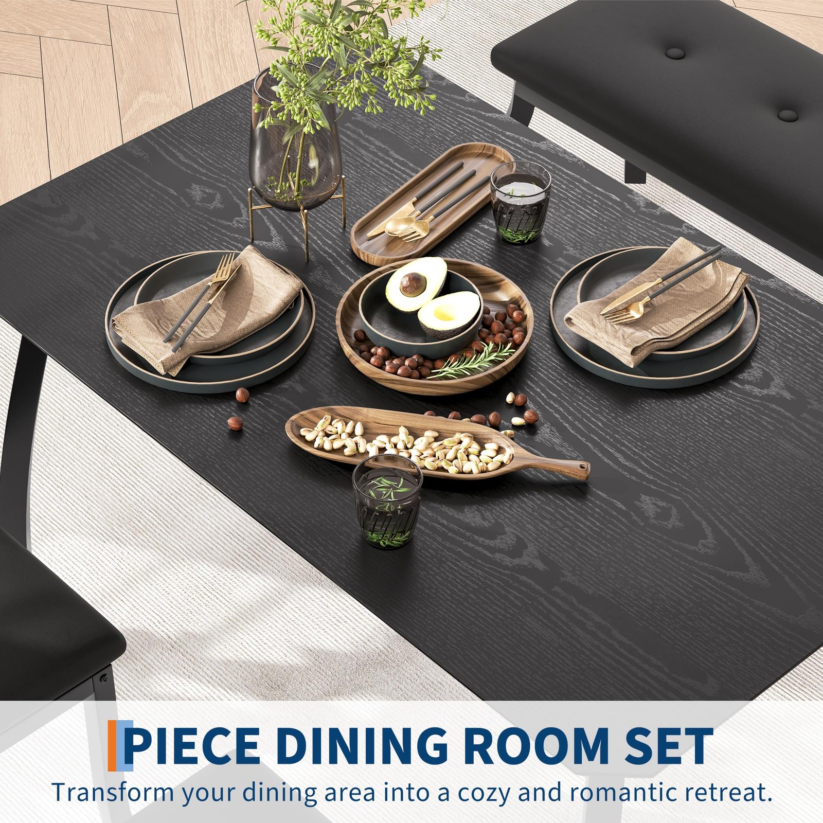 43 Inch 4 Piece Kitchen Table Set with Bench & 2 Cushion Chairs for Small Studio