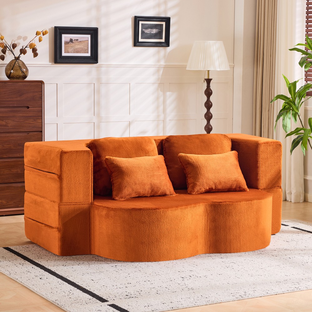 Folding Sofa Bed, Plush Orange Futon Mattress, High Density Foam
