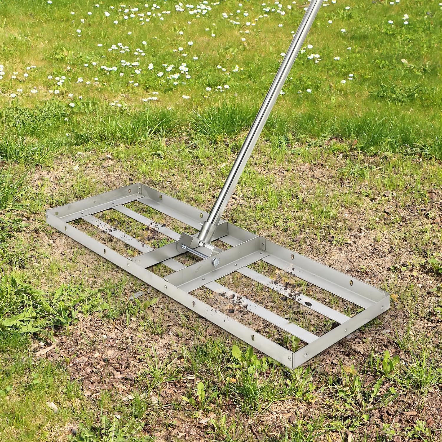 48"×10" Lawn Leveling Rake, Stainless Steel Lawn Leveler Rate, 180° Flexible Rot
