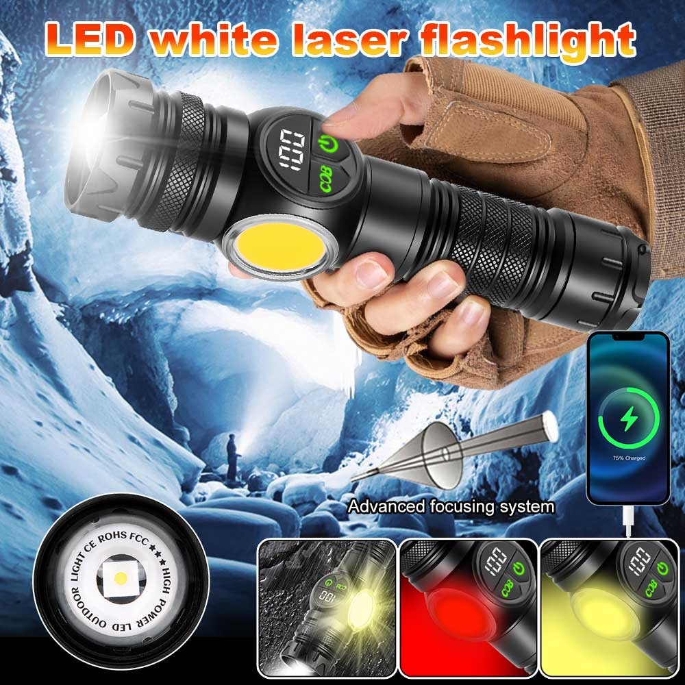 White Laser LEP Flashlight Torch COB Yellow Red Light Zoomable USB Rechargeable