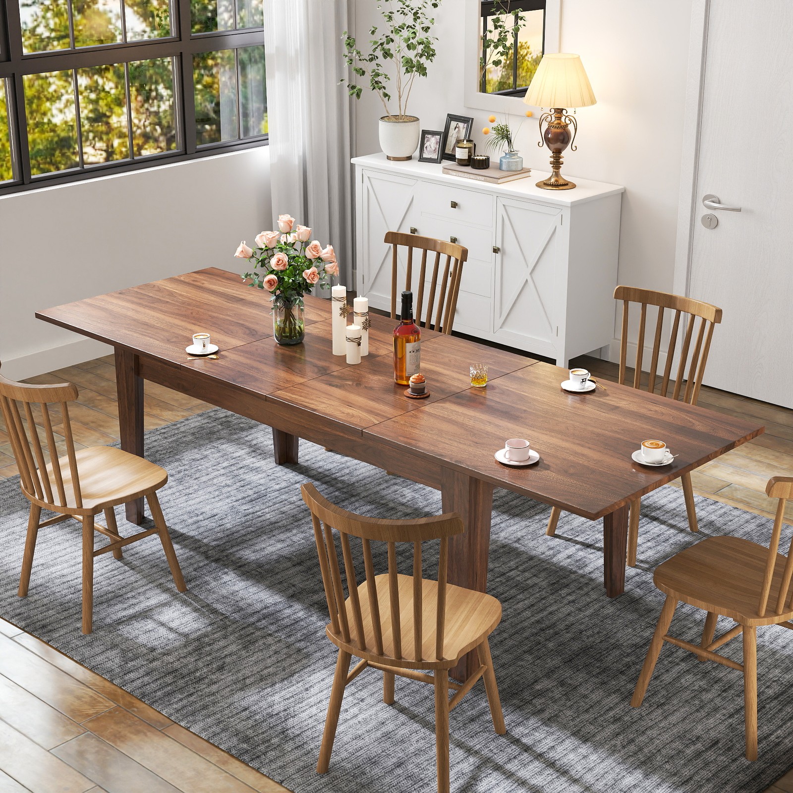 106" Extendable Dining Table Large Kitchen Table Walnut Wood Modern