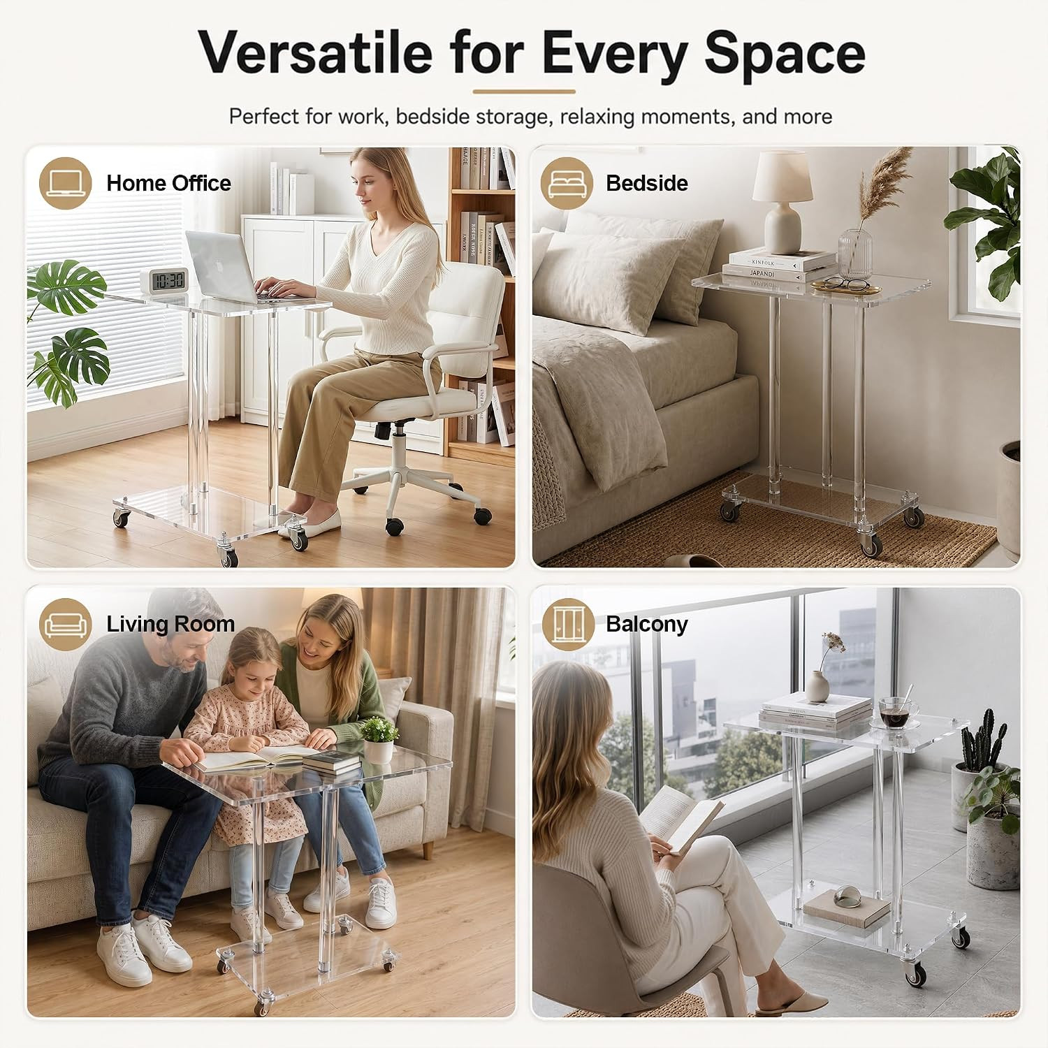Acrylic Mobile Computer Desk, Clear Rolling Laptop Table with Wheels, Modern Tra