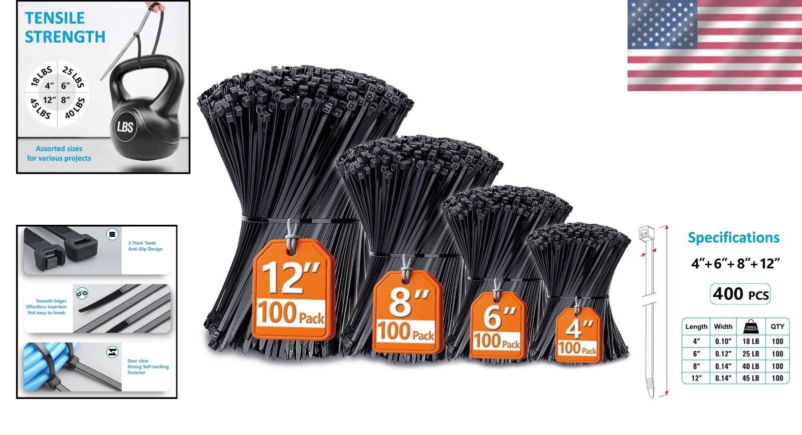 Nylon Zip Ties 400 Pack – 4” to 12” Sizes, Self-Locking & UV Resistant