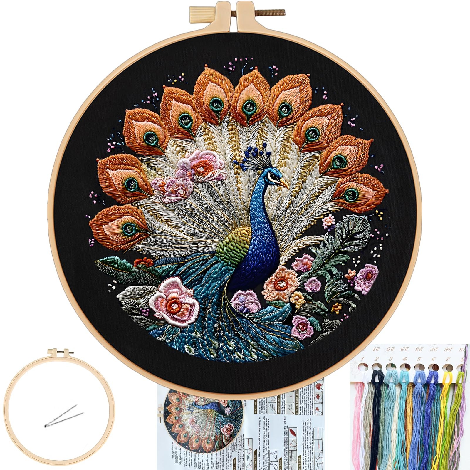 FONNUY Peacock Floral Embroidery 8 inches x 8 inches, Jewel-toned Feathers