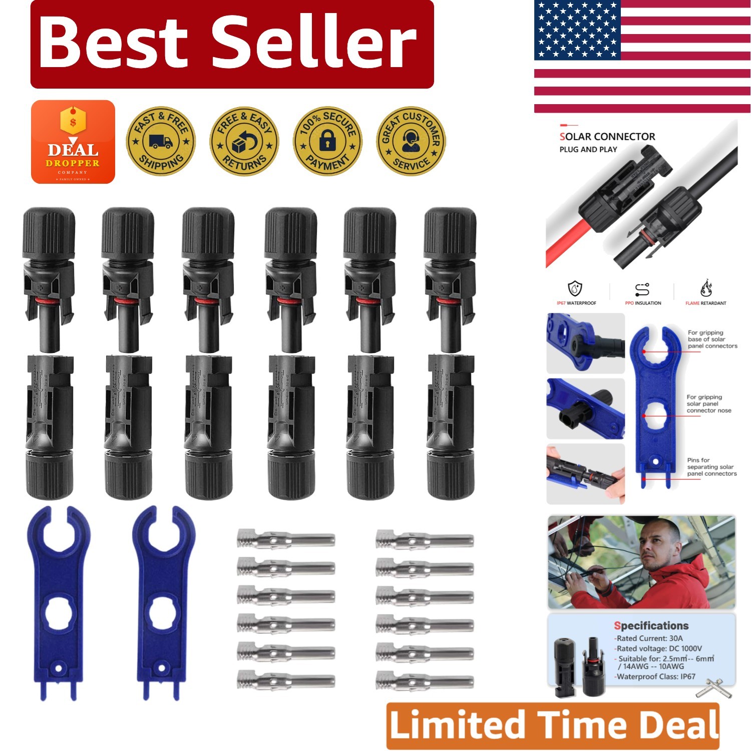 Complete Solar Connector Set - 6 Pairs Male/Female with Installation Essentials