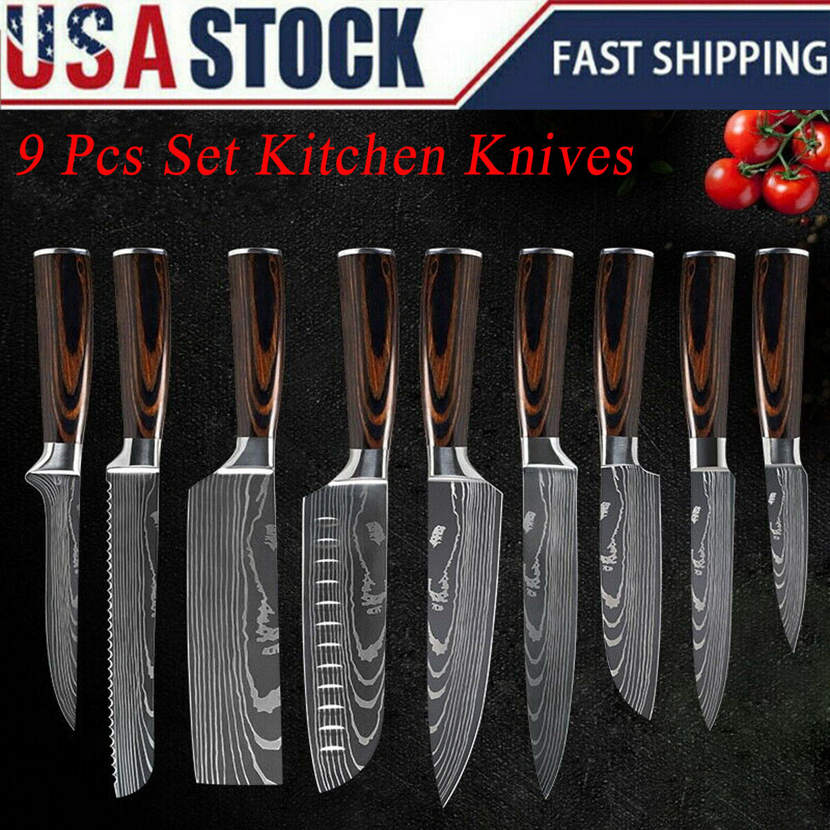 9pcs Kitchen Knives Set Stainless Steel Professional Damascus Pattern Chef Knife