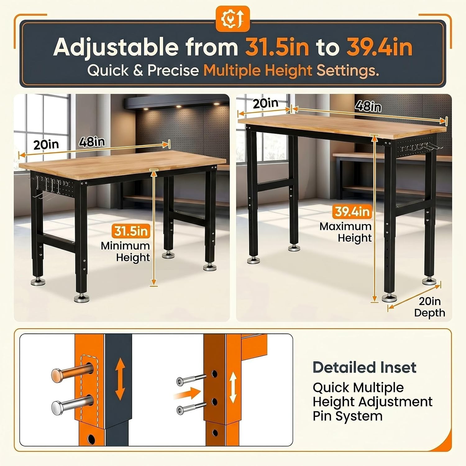 48" Adjustable Workbench | Solid Rubberwood Top | 2000lbs Heavy-Duty Work Table