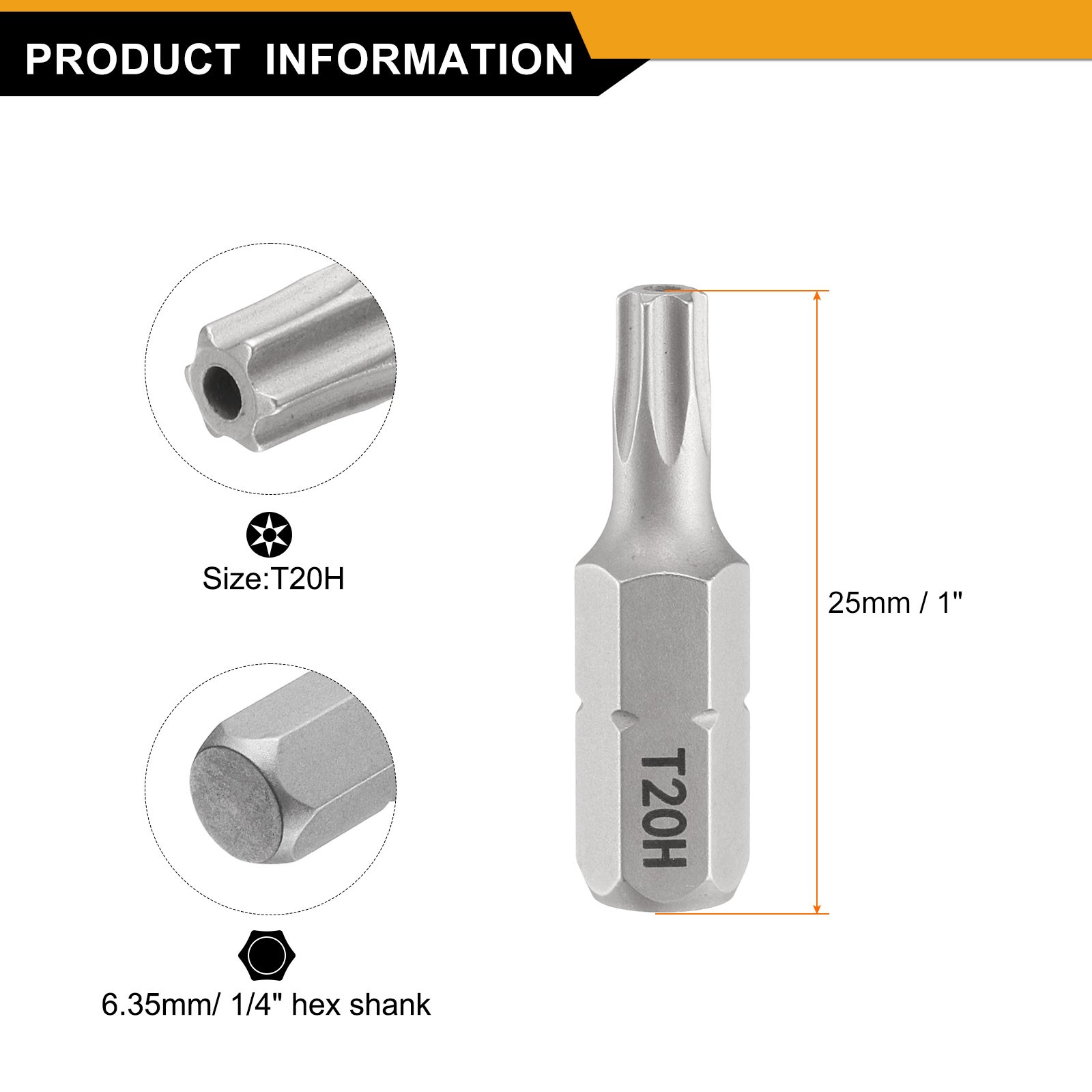 2pcs T20H Magnetic Torx Screwdriver Bit 1/4" Hex Shank 25mm Length S2 Steel