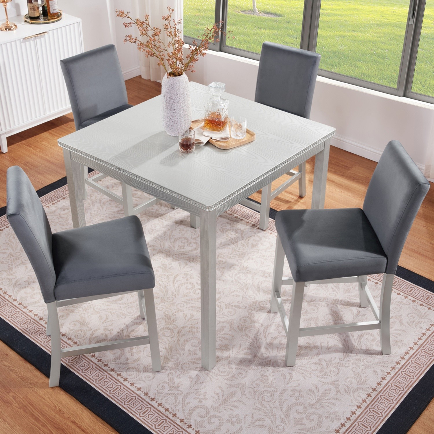 Modern 5 Piece Dining Table Set Wood Square Dining Table & 4 Chair Silver Gray