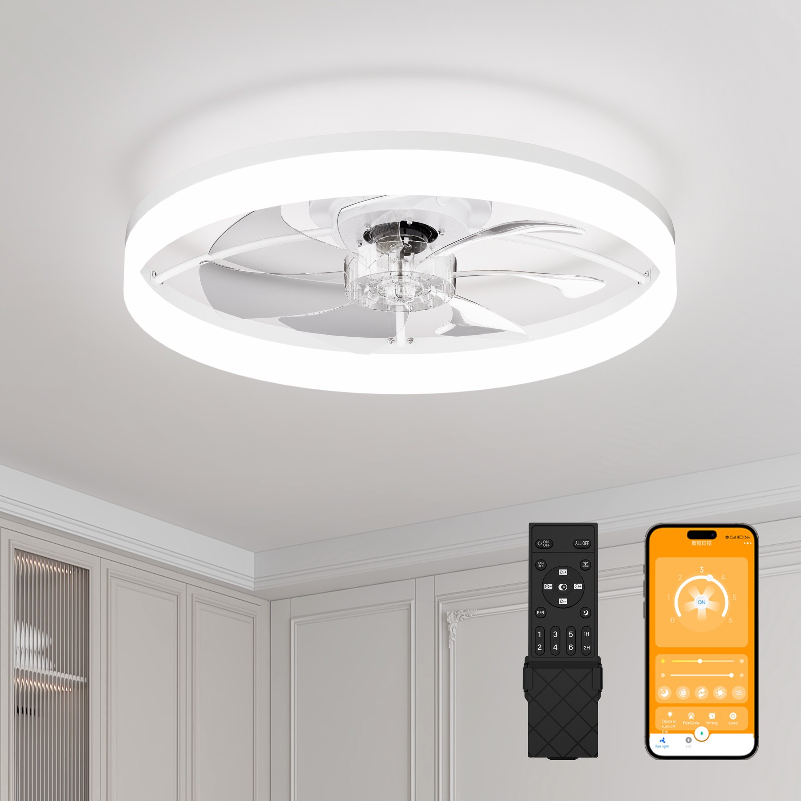 Ultra-Thin White Ceiling Fan Light with Remote & App Control, 23.6"
