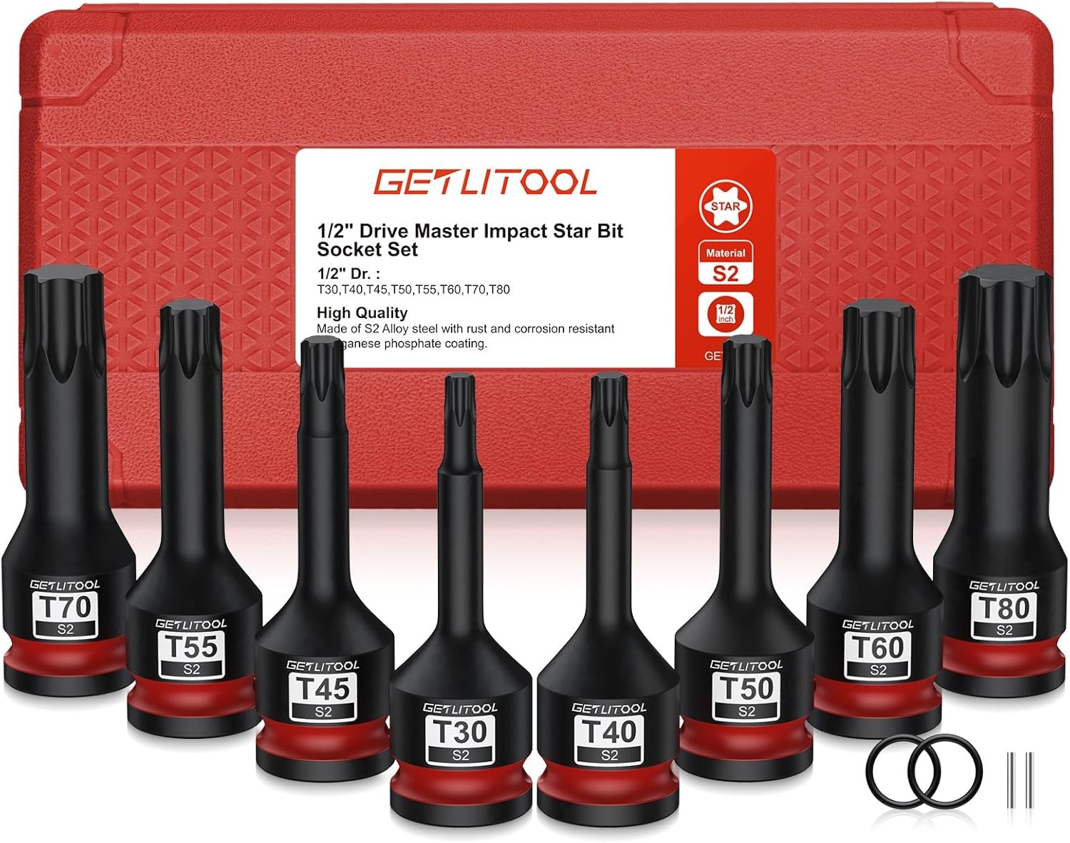 GETLITOOL 8Pcs Impact Torx Bit Socket Set, 1/2" Drive S2 Steel Star 8PCS-Torx