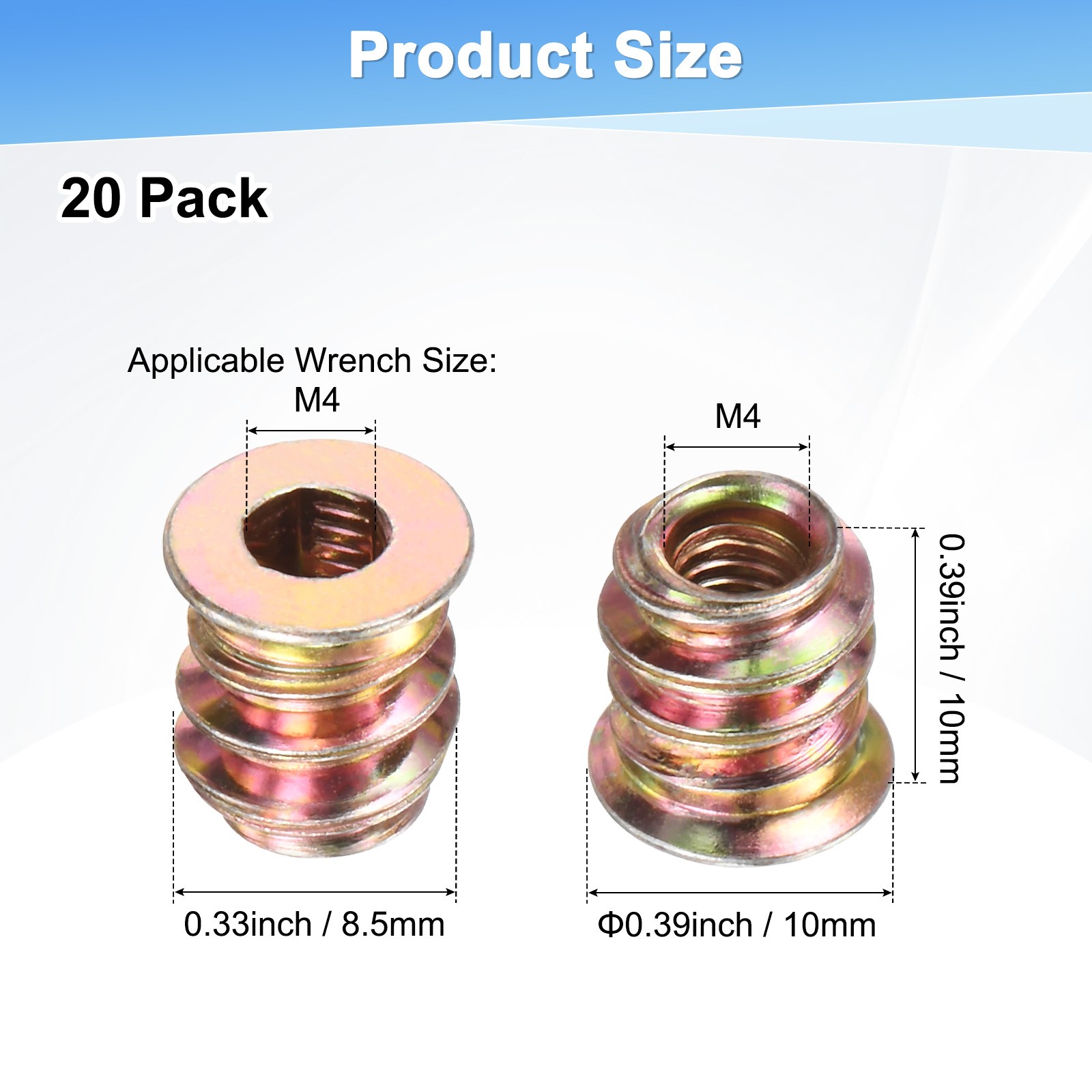 20-Pack Threaded Inserts for Wood, M4x10mm Threaded Insert Nuts [Gold Tone]