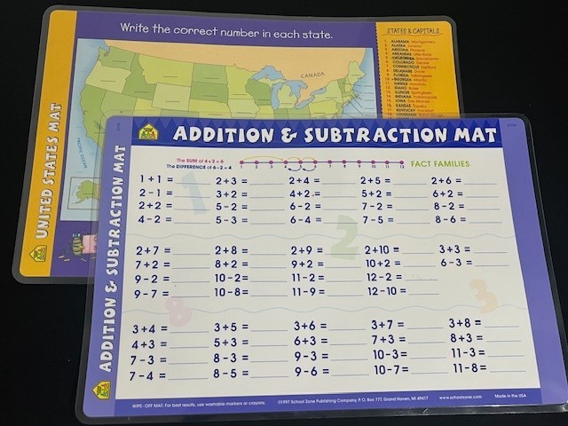 Pair of Wipe Off Mat 1997 School Zone Publishing Addition/Subtraction and US Map