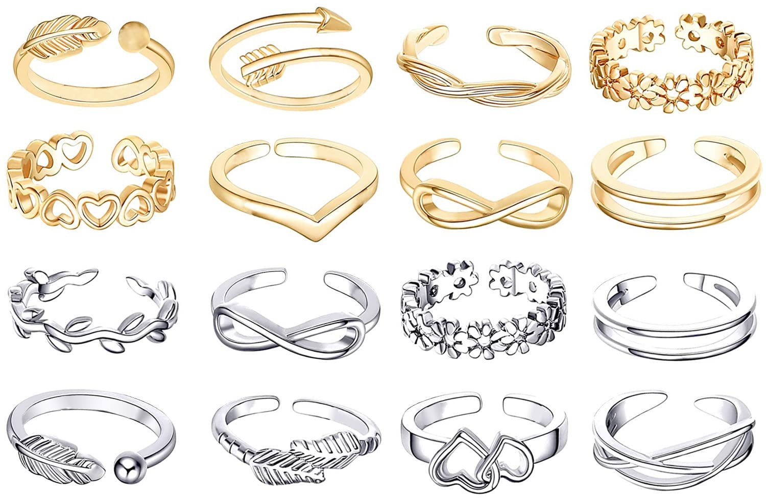 MAGIDOVE 24PCS Adjustable Toe Rings for Women Open One Size, gold & silver