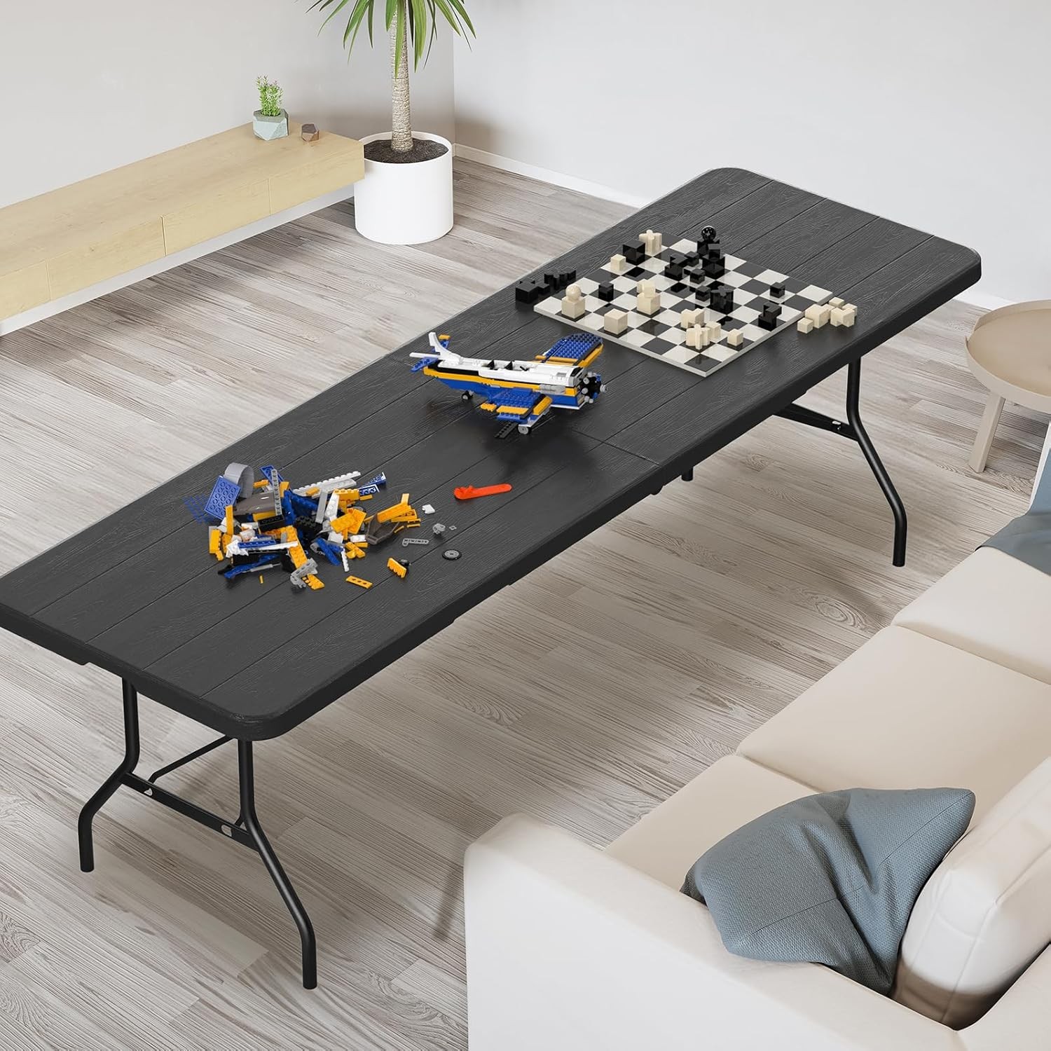 8ft Plastic Folding Table Portable Long Table Rectangular with Handles, Black