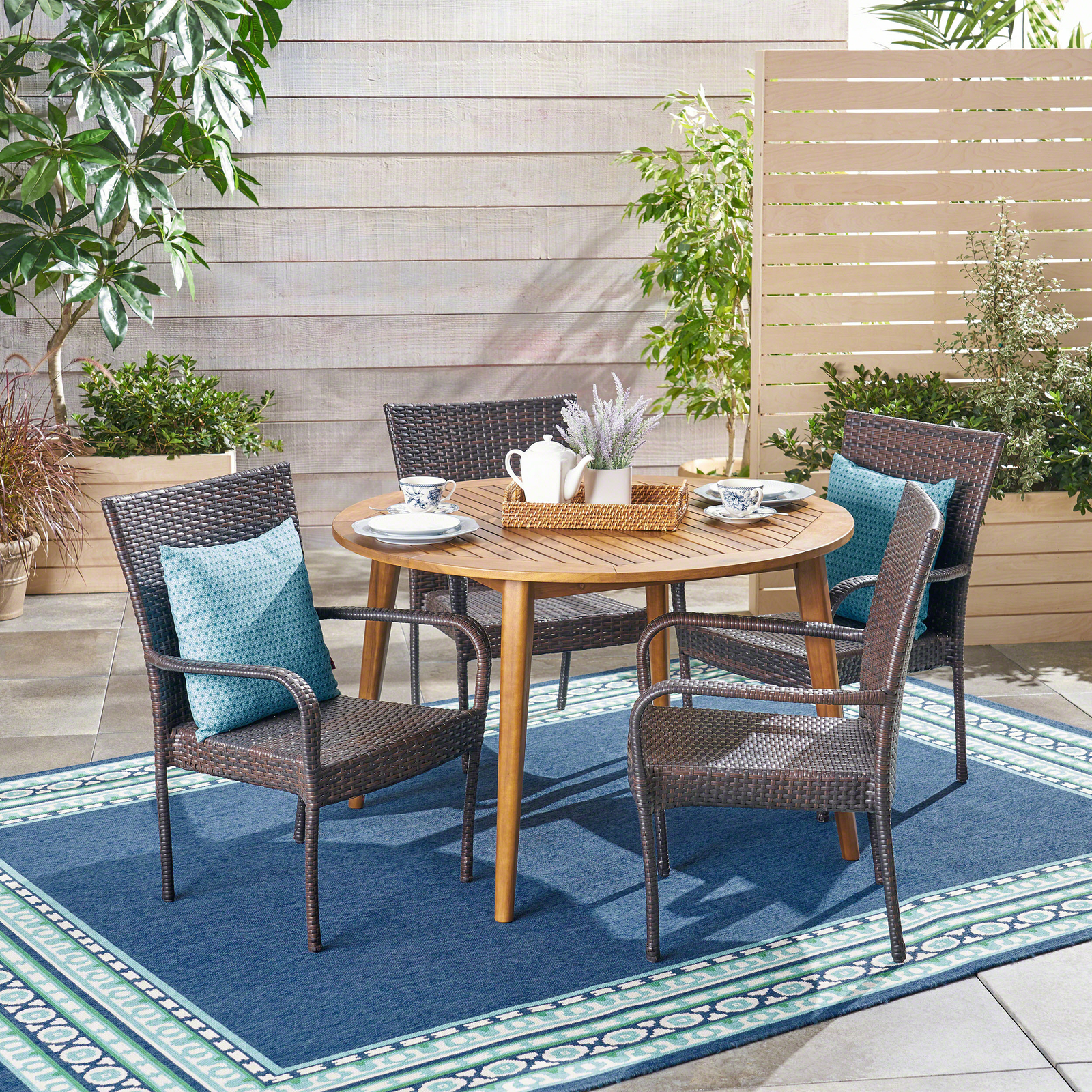 Ivey Outdoor 5 Piece Wood and Wicker Dining Set