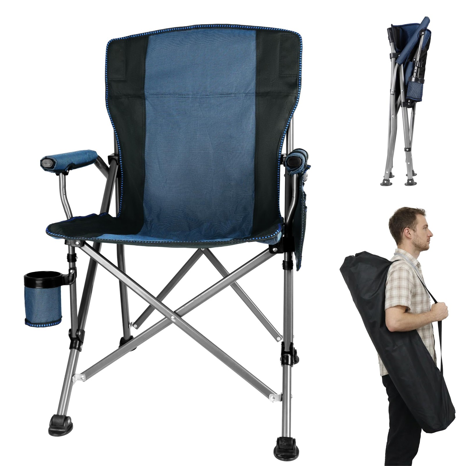 Folding Camping Chair with Cup Holder and Storage Bag, Heavy Duty 400 LBS, Ov...