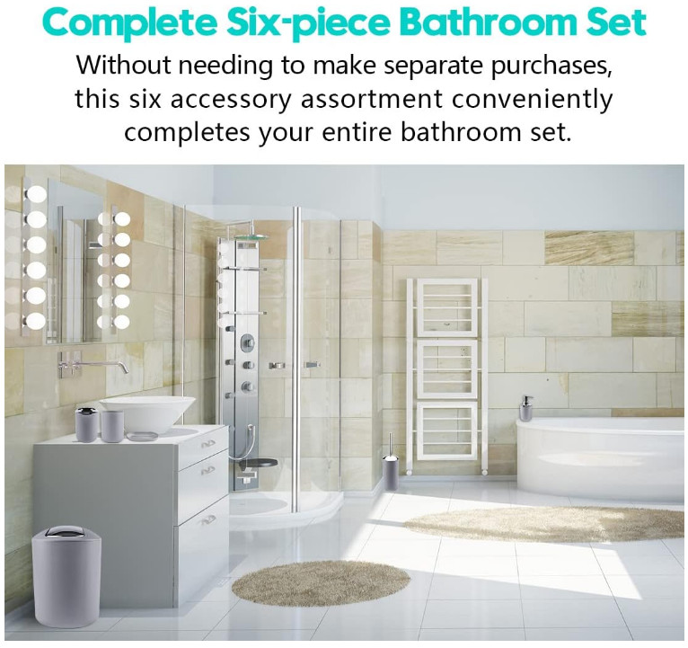 6-Piece Bathroom Accessory Set - Gray | Toothbrush, Soap, Trash Can & More