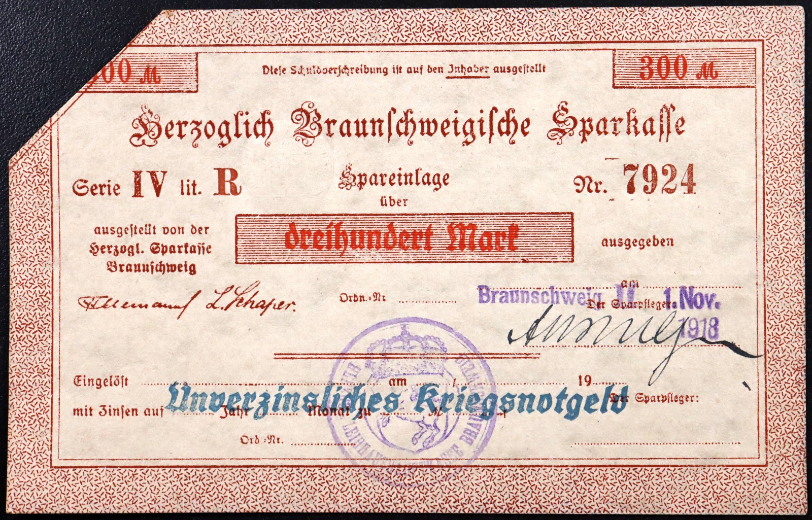 BRAUNSCHWEIG 1918 "Herzoglich Braunschweigische Sparkasse" 300 Mark Grossnotgeld