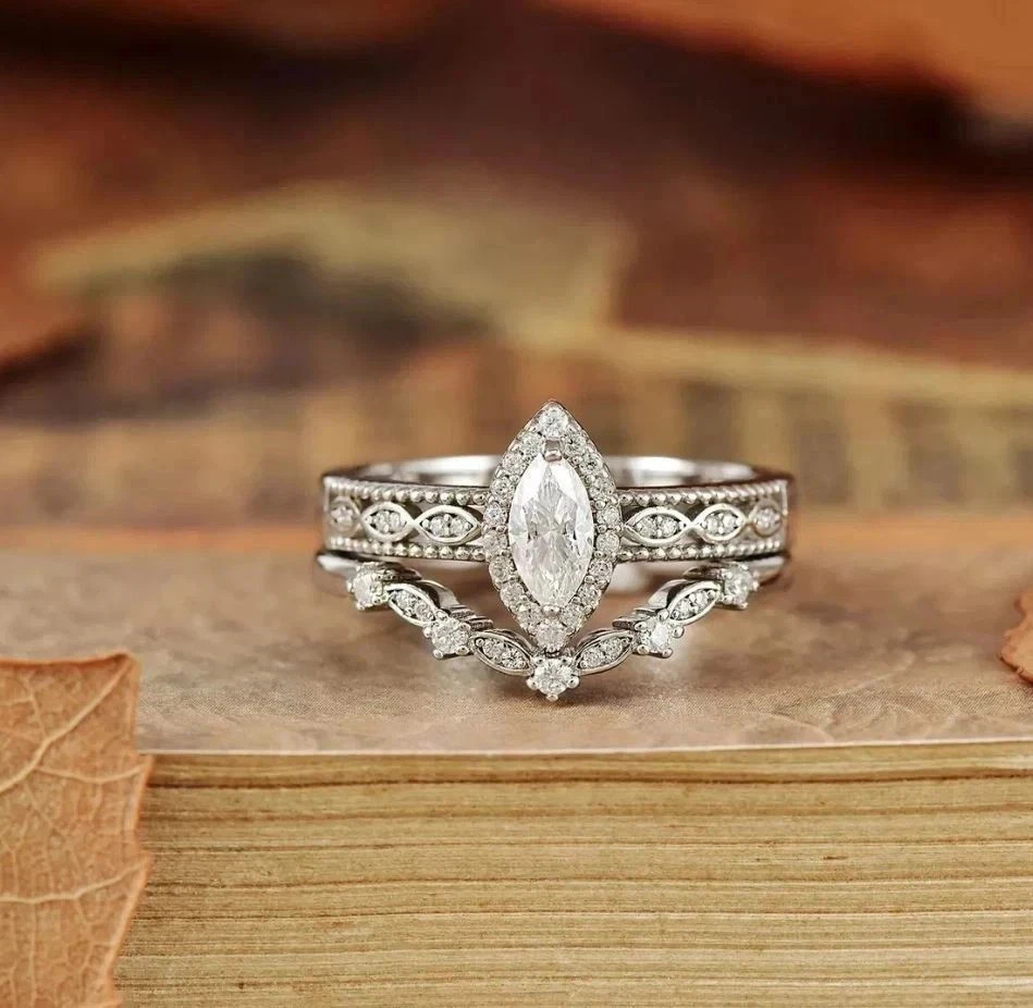 2.50 Ct Marquise Cut Moissanite Curve Band Bridal Ring Set 14K White Gold Plated