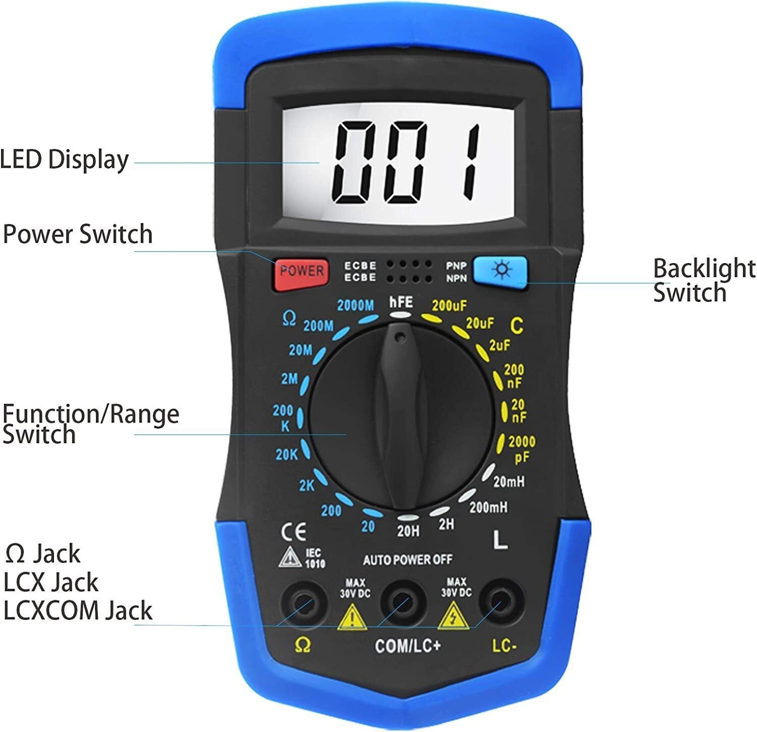 Digital Multimeter 2000pF~200uF Capacitance Inductance hFE Tester Ohm Meter Tool