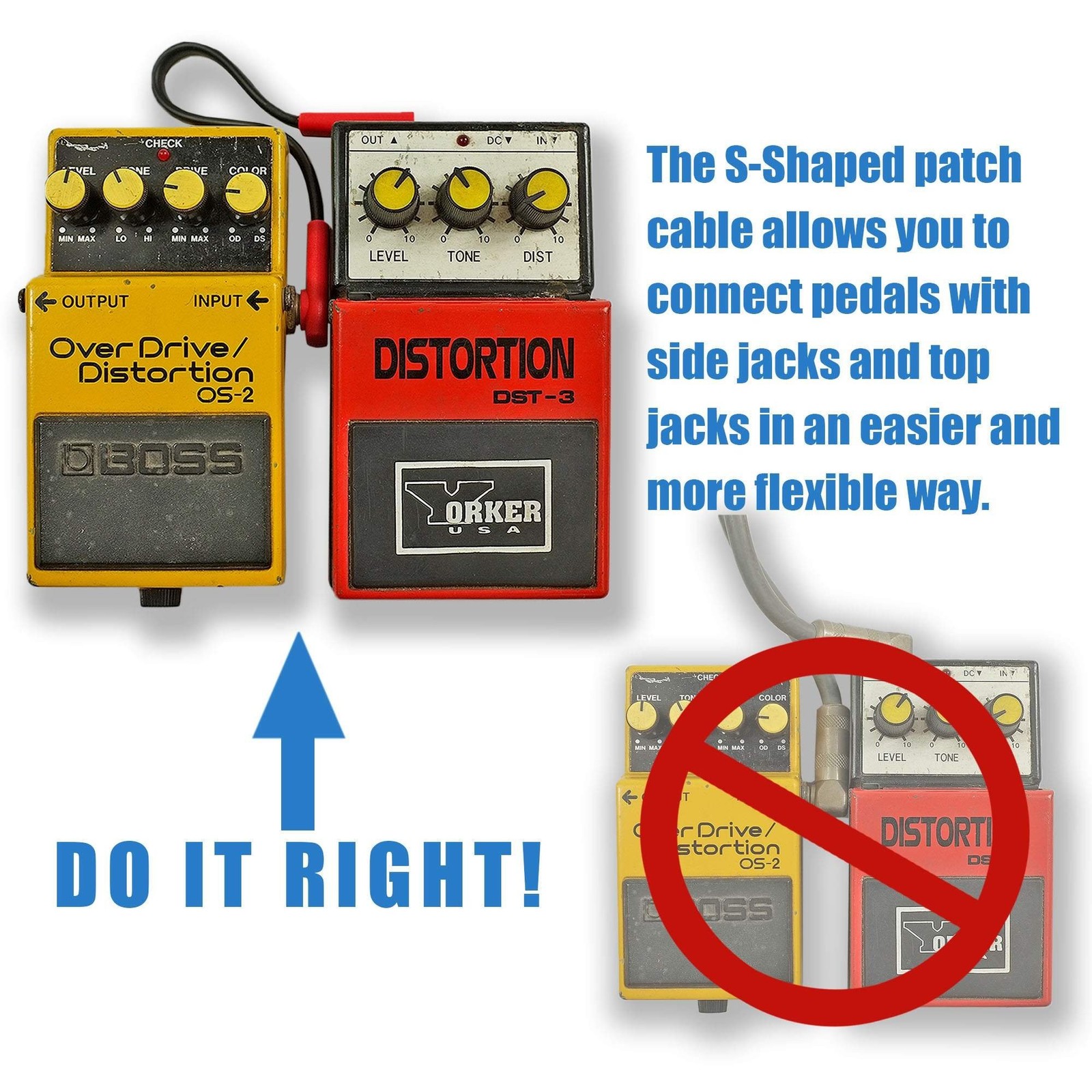 Flat Low Profile Guitar Patch Cable 8 inch for Effects Pedals, S-Shape, 1/4 i...