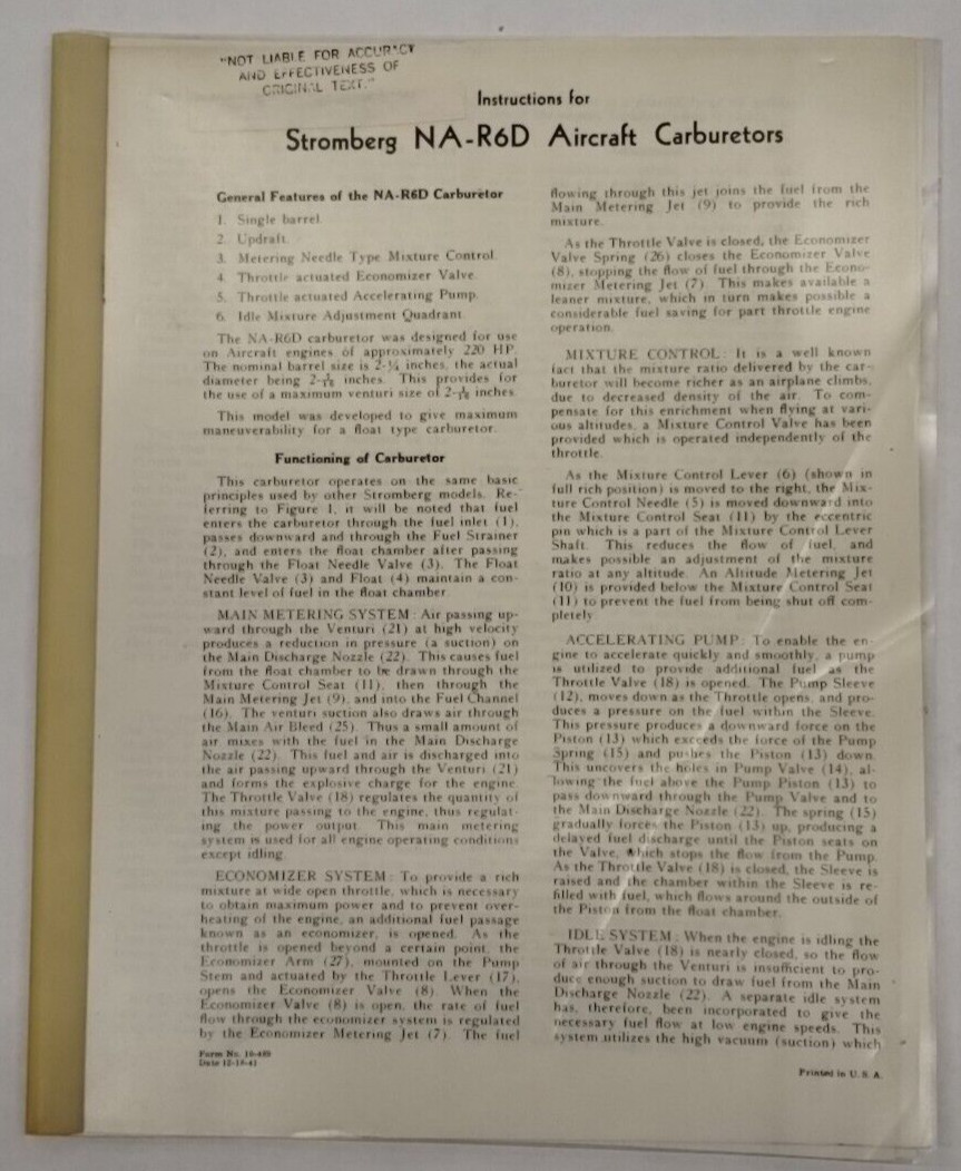 Stromberg NA-R6D Aircraft Carburetors Instructions Manual-copy