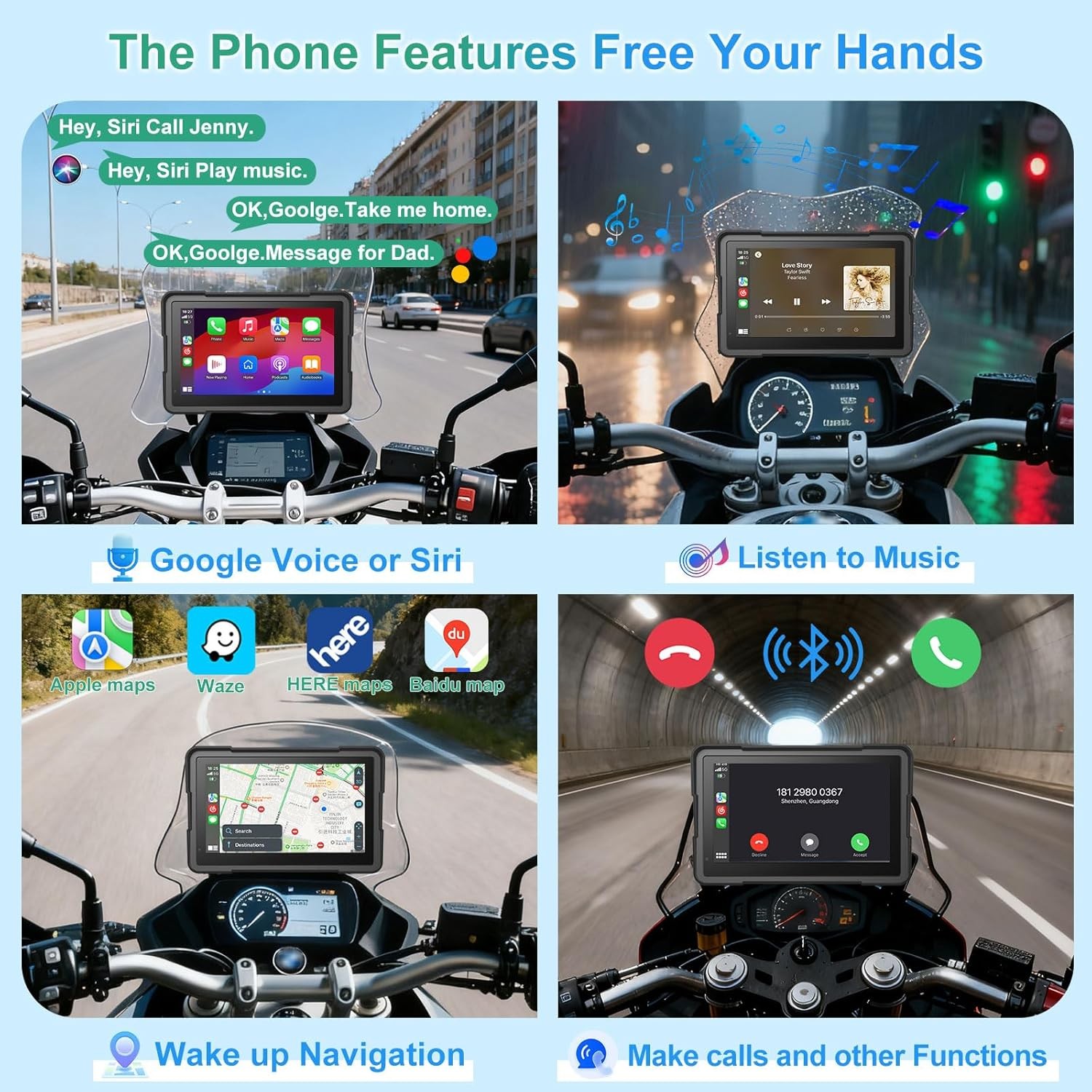 7" Motorcycle CarPlay Android Auto IP67 Waterproof GPS Navigation Bluetooth H14