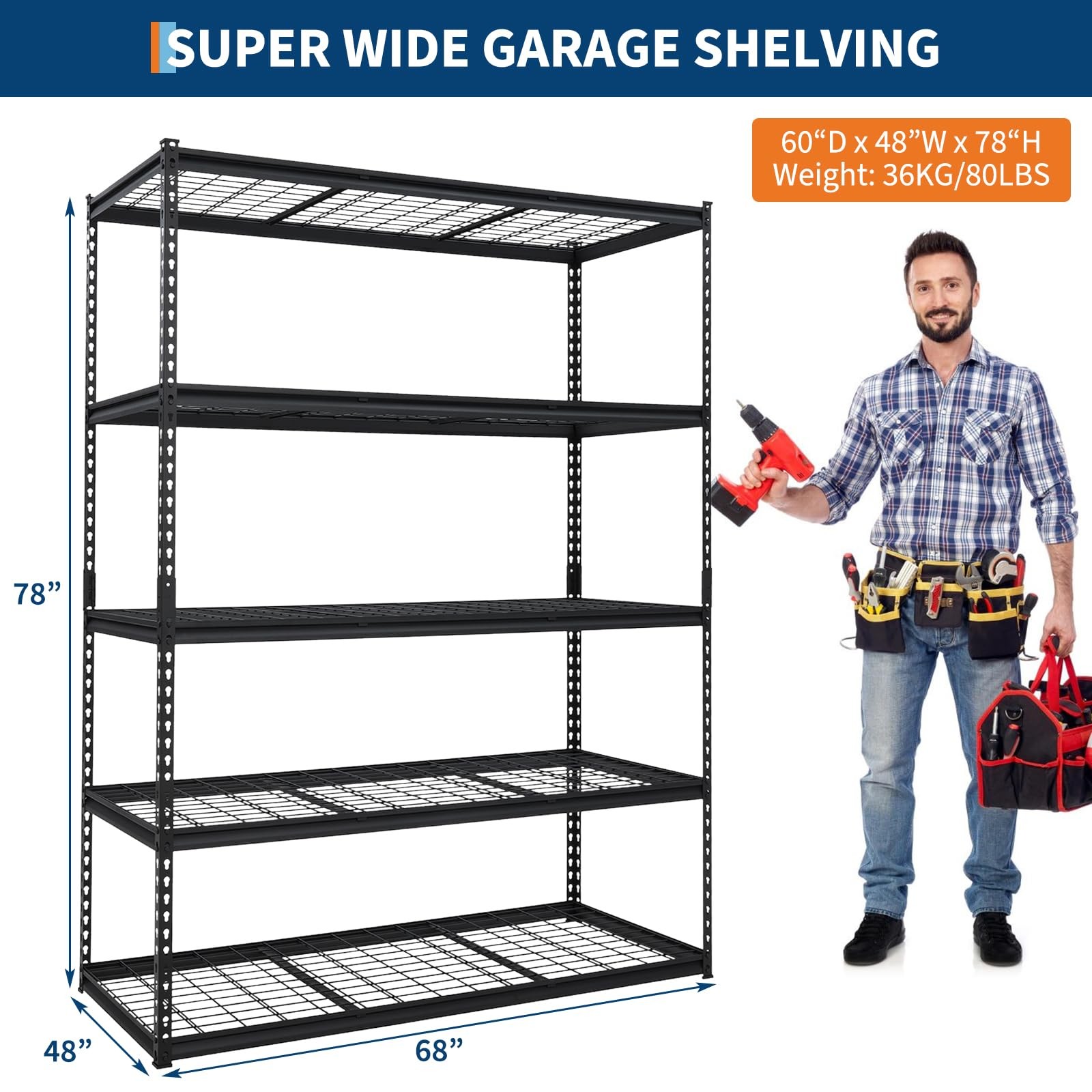 5-Tier Heavy Duty Garage Shelving Units Adjustable Storage Shelves 60x24 x78in